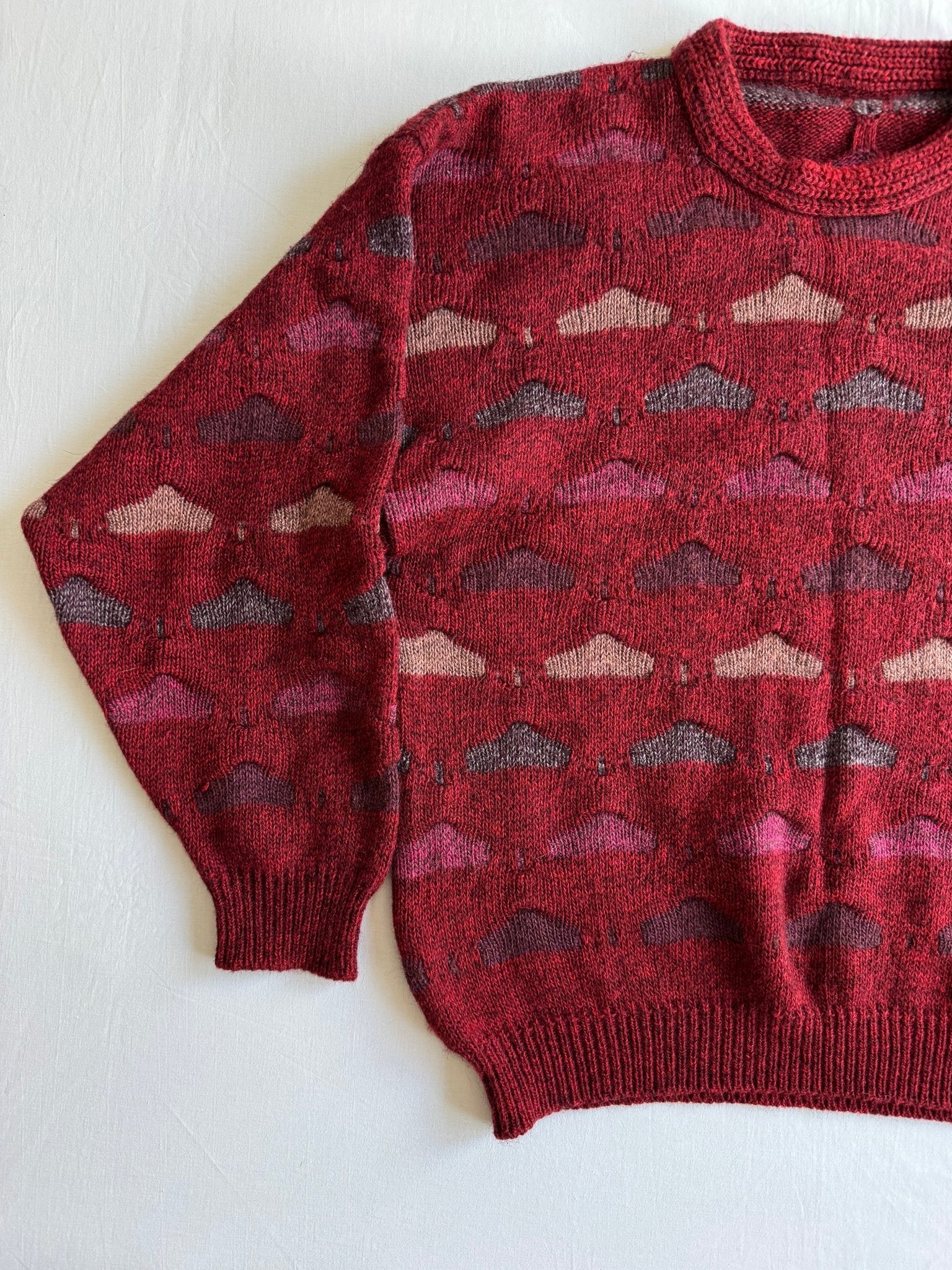 🧶 Pulover Vintage Bărbați Roșu Închis 3D Knit din Lână, Alpaca și Acril – L - anbracaminte