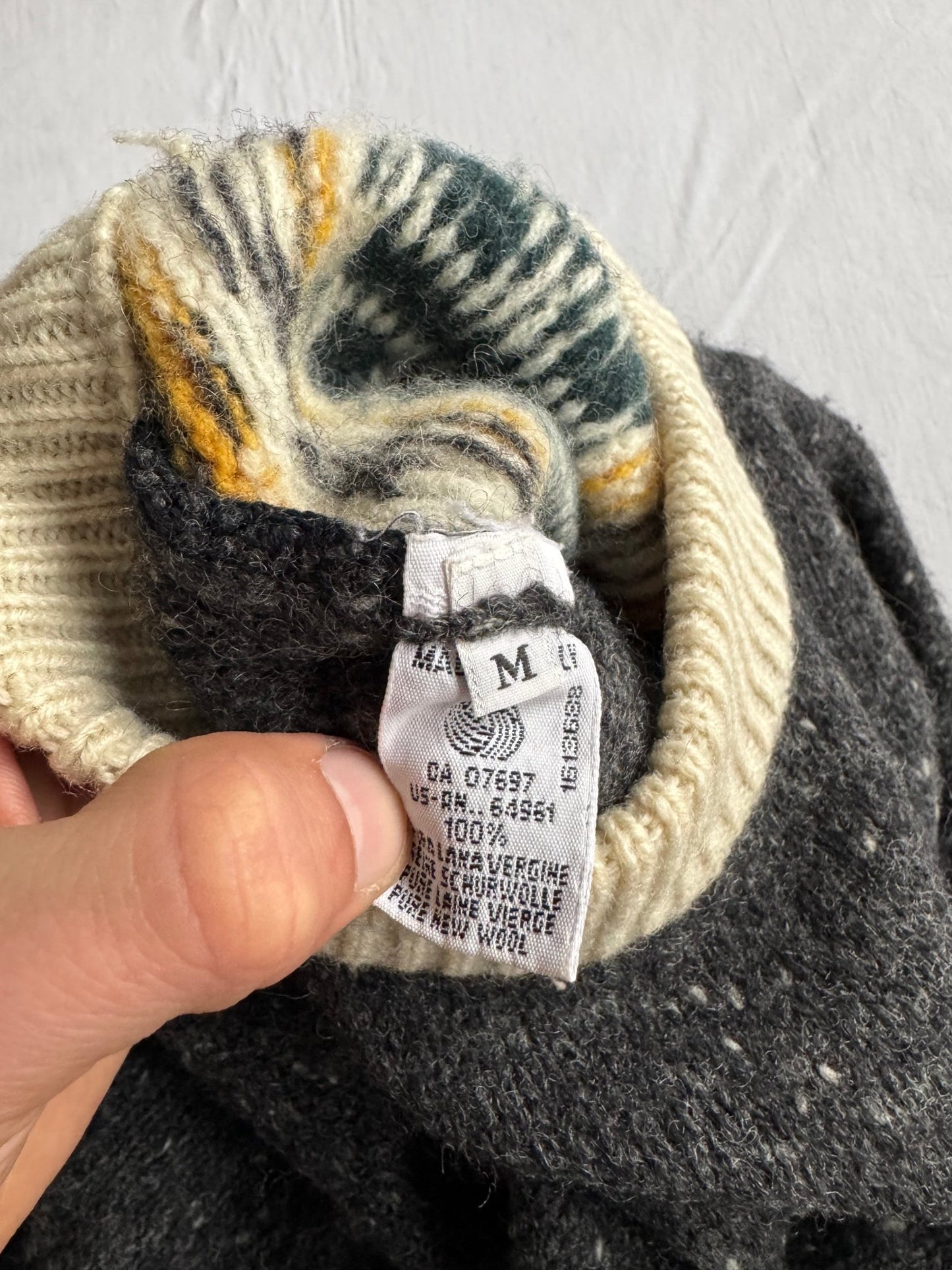 🧶 Pulover Vintage Bărbați Sisley Gri din Lână Virgină cu Model Etnic – M - anbracaminte