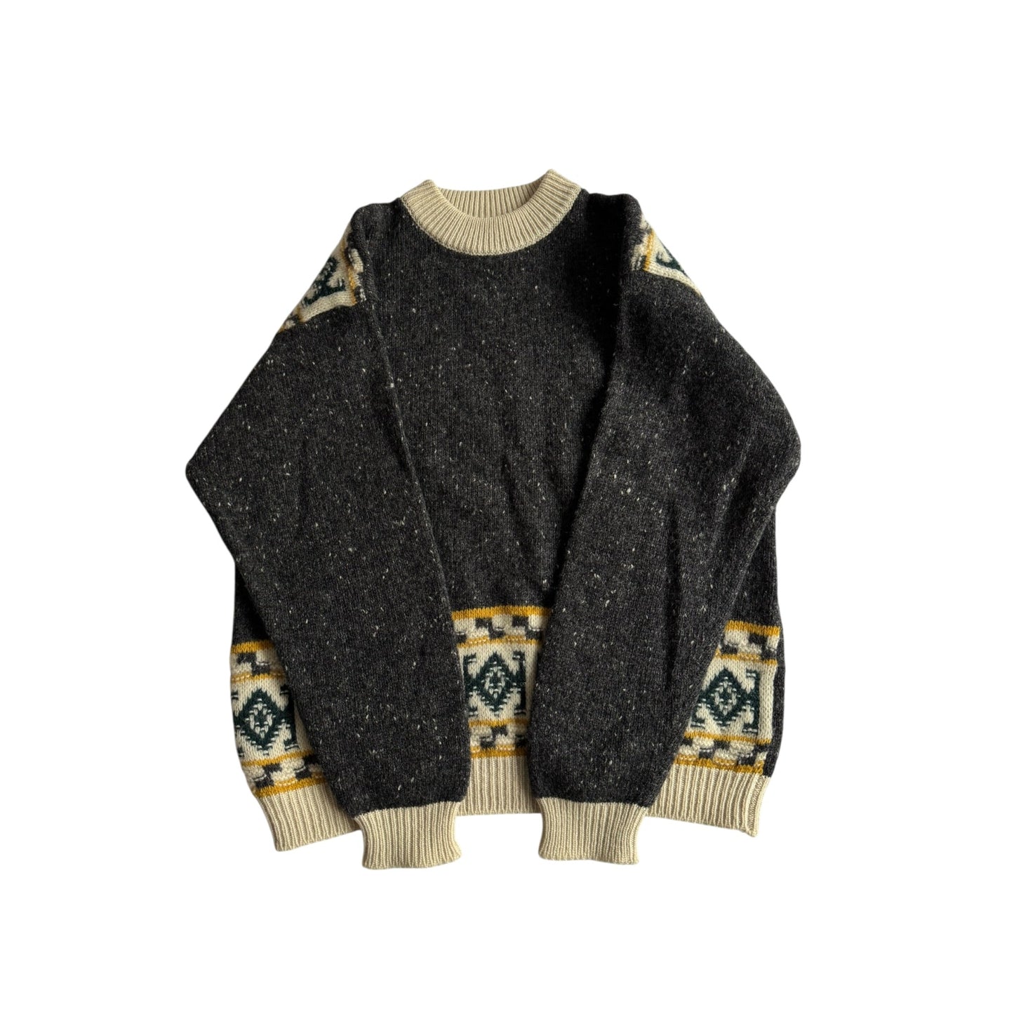 🧶 Pulover Vintage Bărbați Sisley Gri din Lână Virgină cu Model Etnic – M - anbracaminte