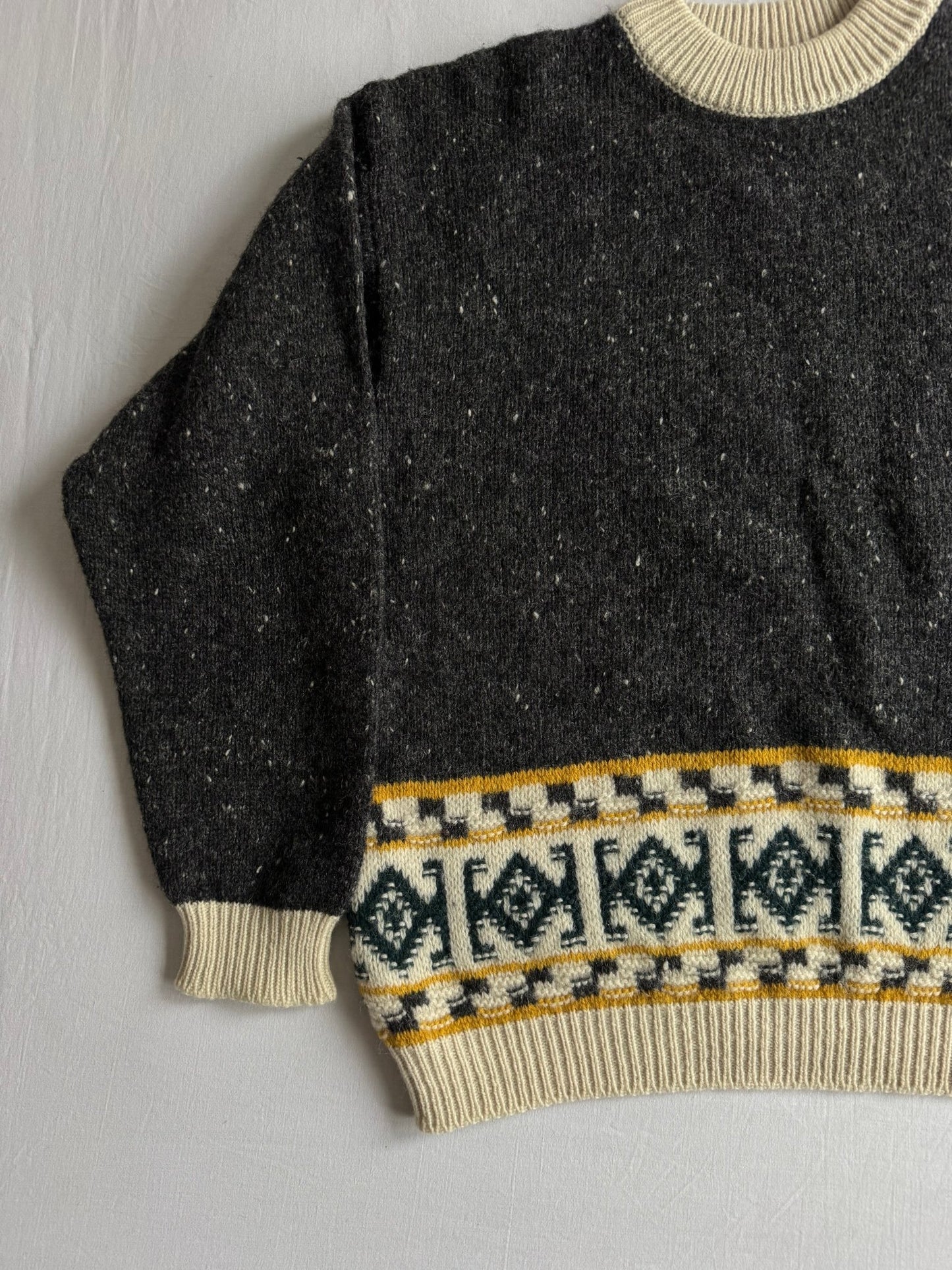 🧶 Pulover Vintage Bărbați Sisley Gri din Lână Virgină cu Model Etnic – M - anbracaminte