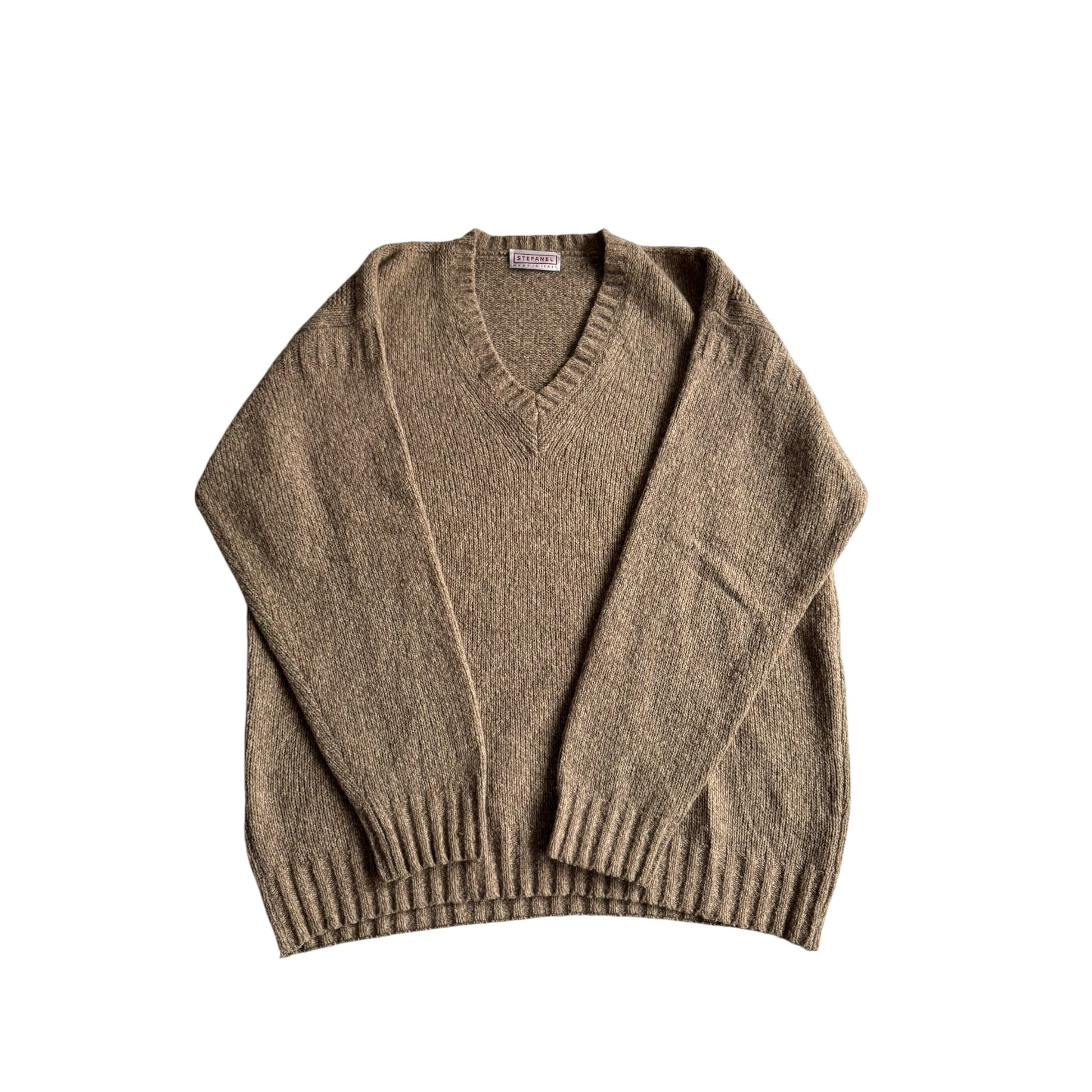 🧶 Pulover Vintage Bărbați Stefanel Oatmeal Brown cu Guler V din Blend de Lână – L - anbracaminte