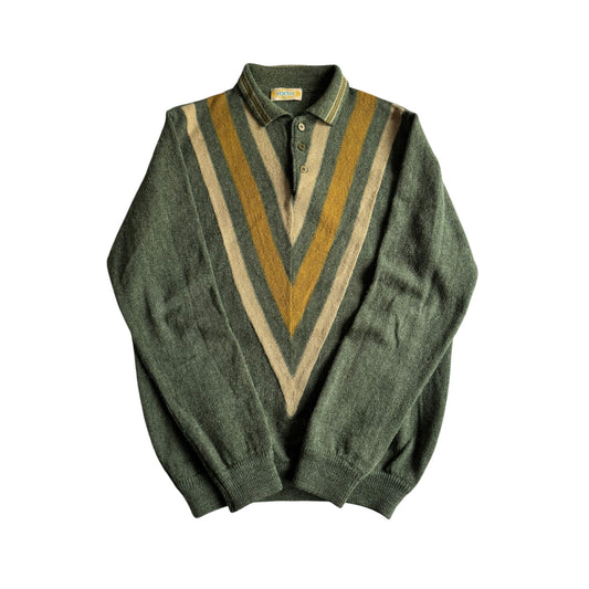 🧶 Pulover Vintage Bărbați Verde Deschis Geometric cu Guler Polo – L - anbracaminte
