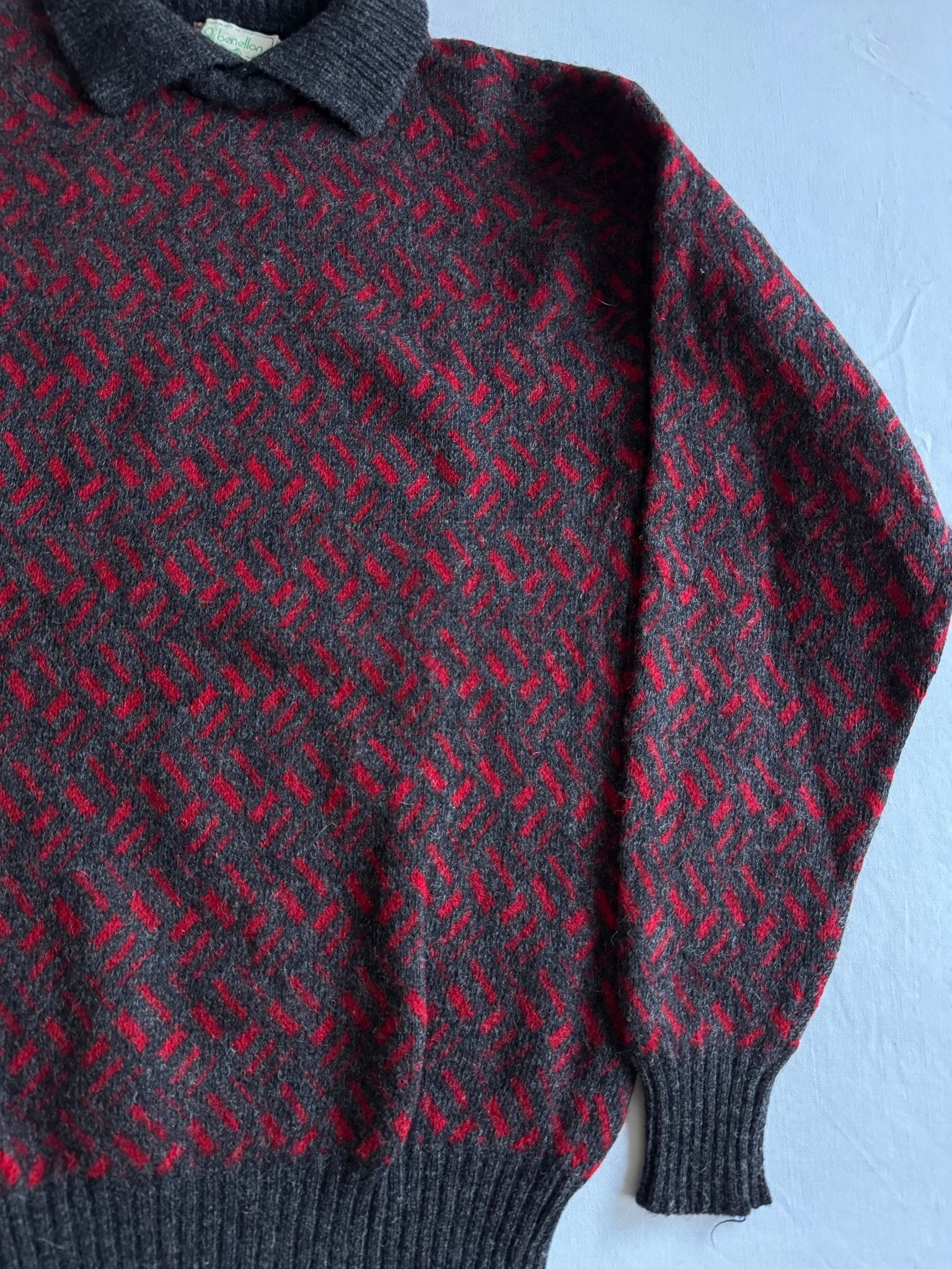 🧶 Pulover Vintage Benetton cu pattern și guler contrastant / Mărime 46 (S) - anbracaminte