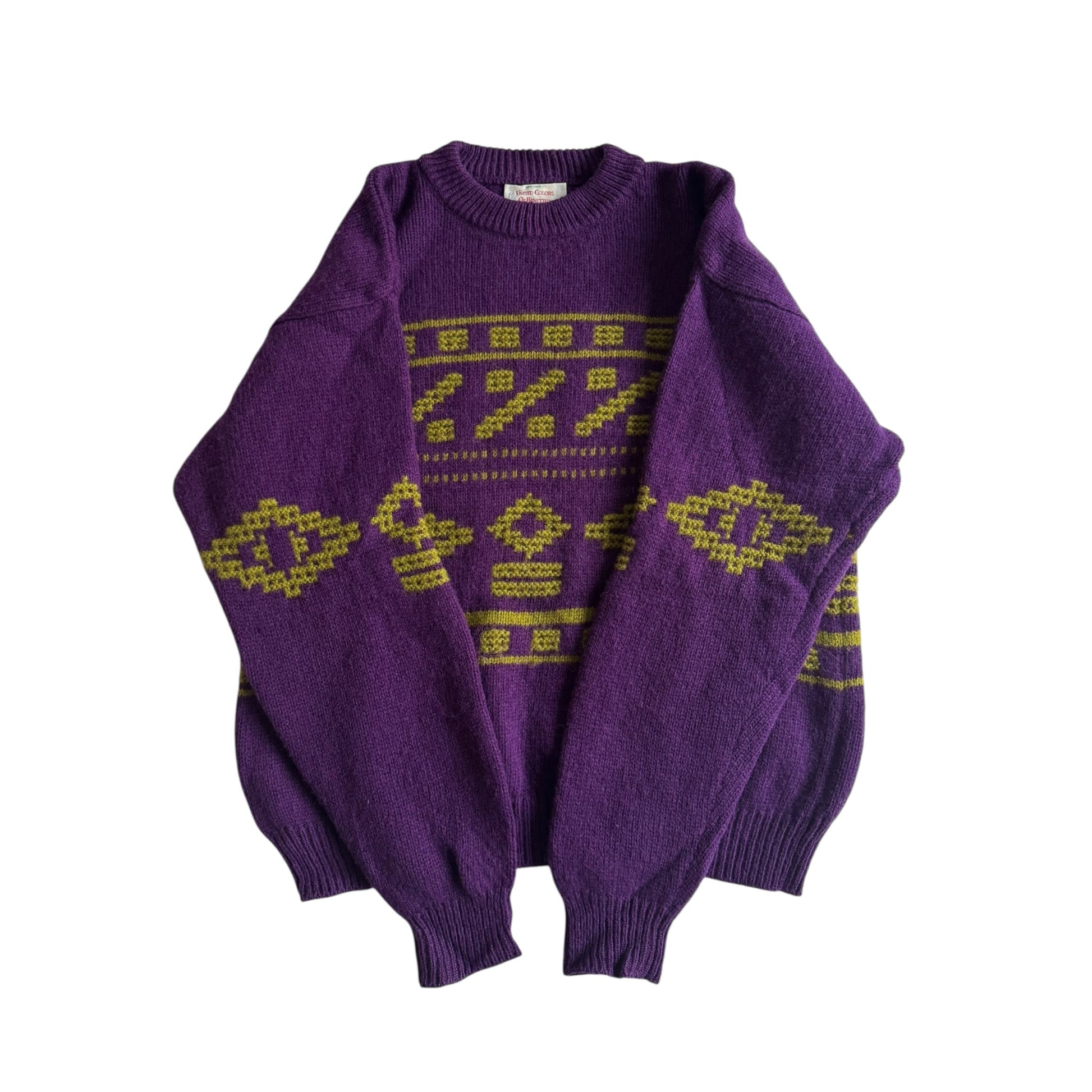 🧶 Pulover Vintage Benetton Mov cu Model Etnic – Mărime M - anbracaminte