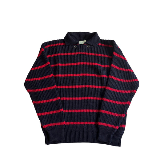 🧶 Pulover Vintage Benetton Navy cu Dungi Roșii / Buzunar cu Nasturi (Mărime 50 - L) - anbracaminte