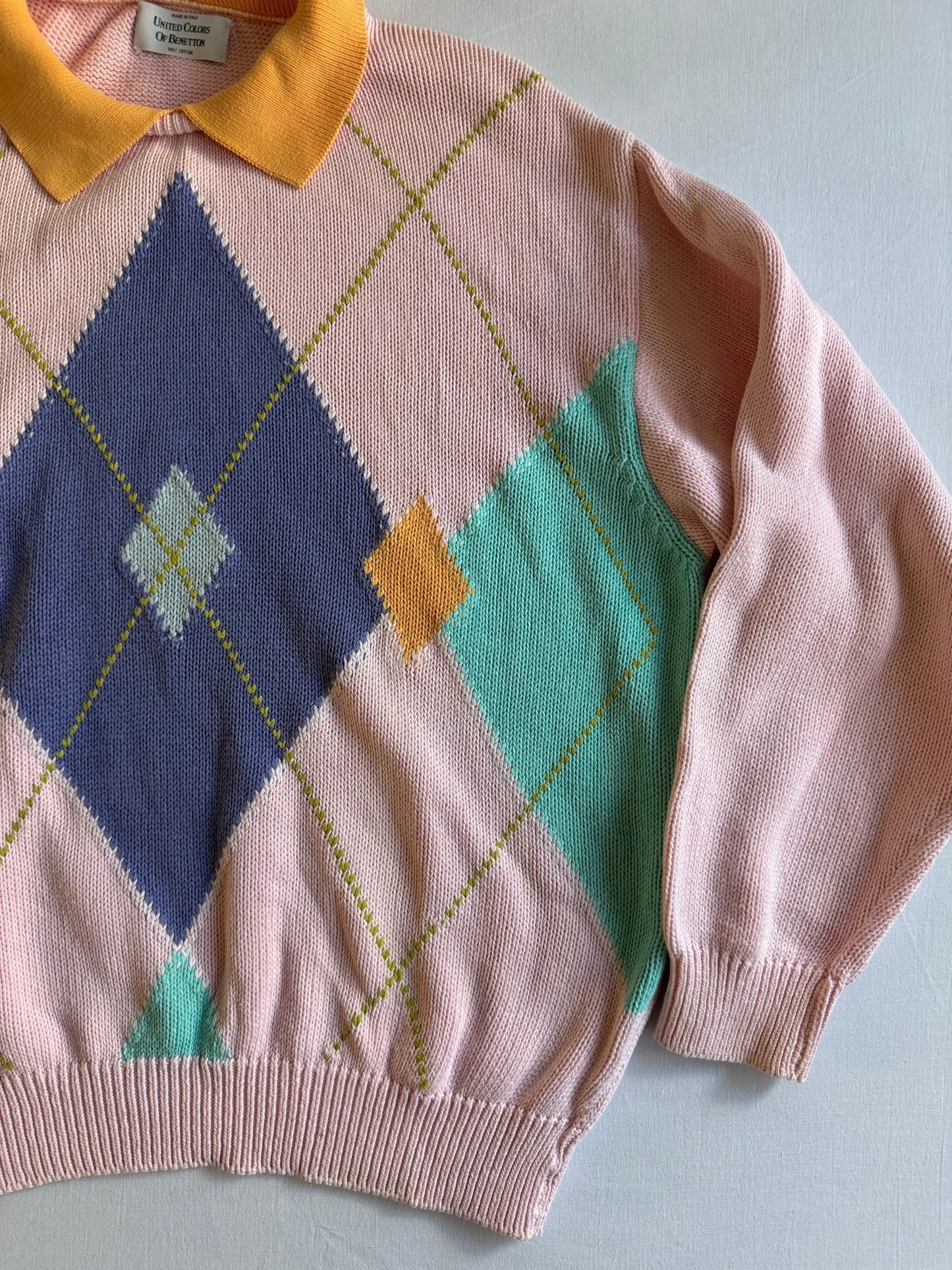 🍊 Pulover Vintage Benetton Roz Pal cu Model Argyle și Guler Portocaliu (Mărime 50 - L) - anbracaminte