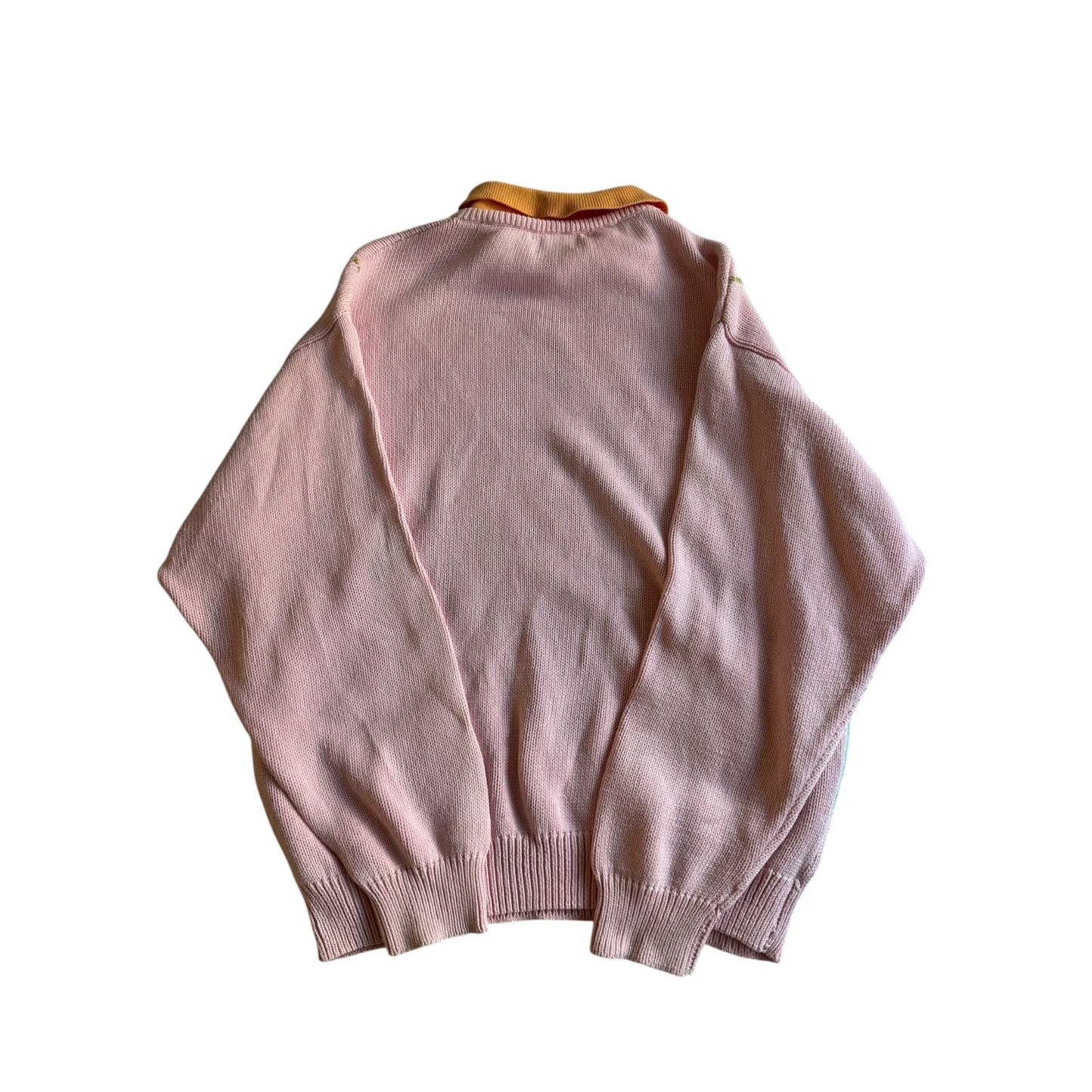 🍊 Pulover Vintage Benetton Roz Pal cu Model Argyle și Guler Portocaliu (Mărime 50 - L) - anbracaminte
