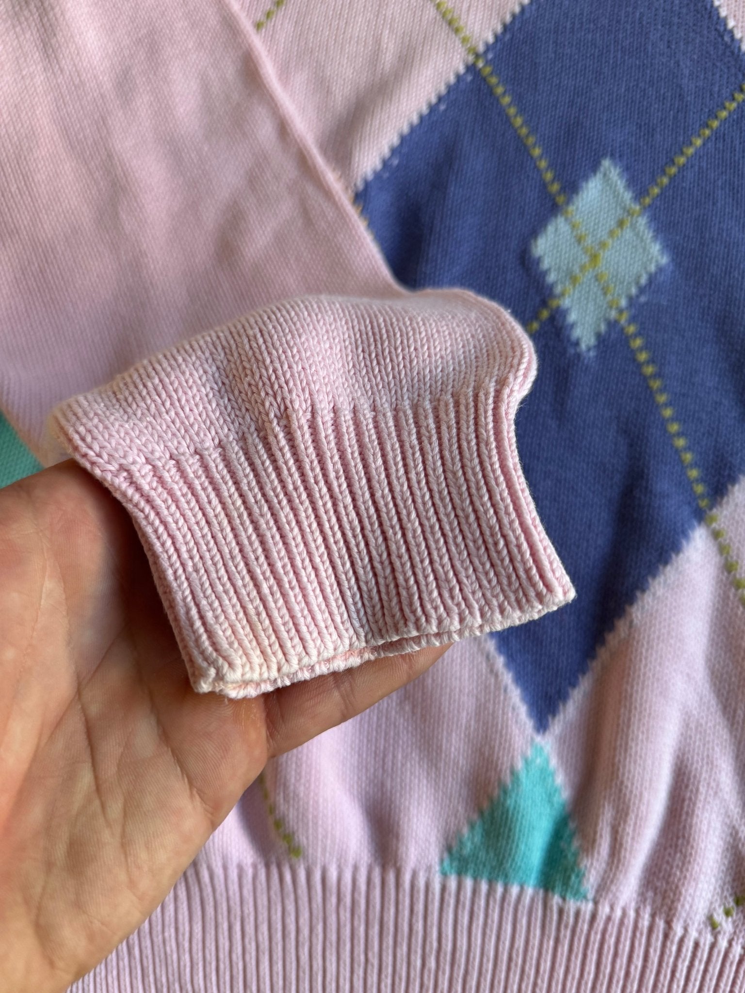 🍊 Pulover Vintage Benetton Roz Pal cu Model Argyle și Guler Portocaliu (Mărime 50 - L) - anbracaminte