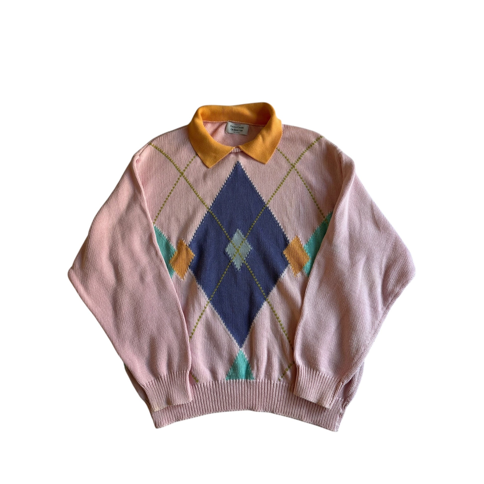 🍊 Pulover Vintage Benetton Roz Pal cu Model Argyle și Guler Portocaliu (Mărime 50 - L) - anbracaminte