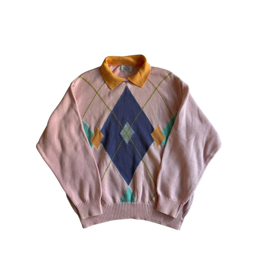 🍊 Pulover Vintage Benetton Roz Pal cu Model Argyle și Guler Portocaliu (Mărime 50 - L) - anbracaminte