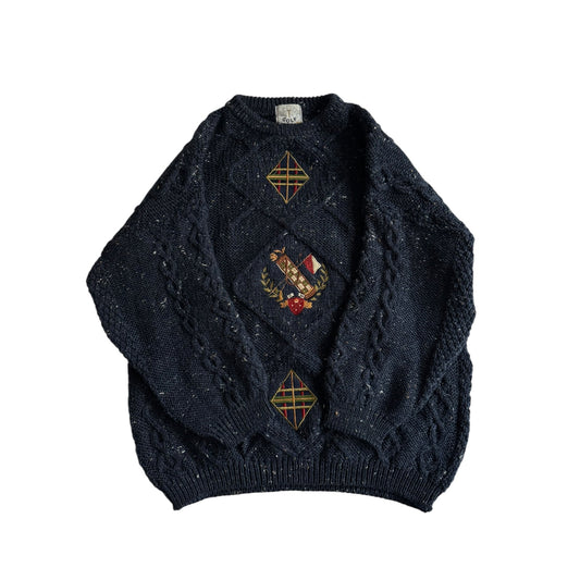 🧶 Pulover Vintage Bleumarin Cable Knit cu Broderie Golf – Mărime S (Boxy Fit) - anbracaminte