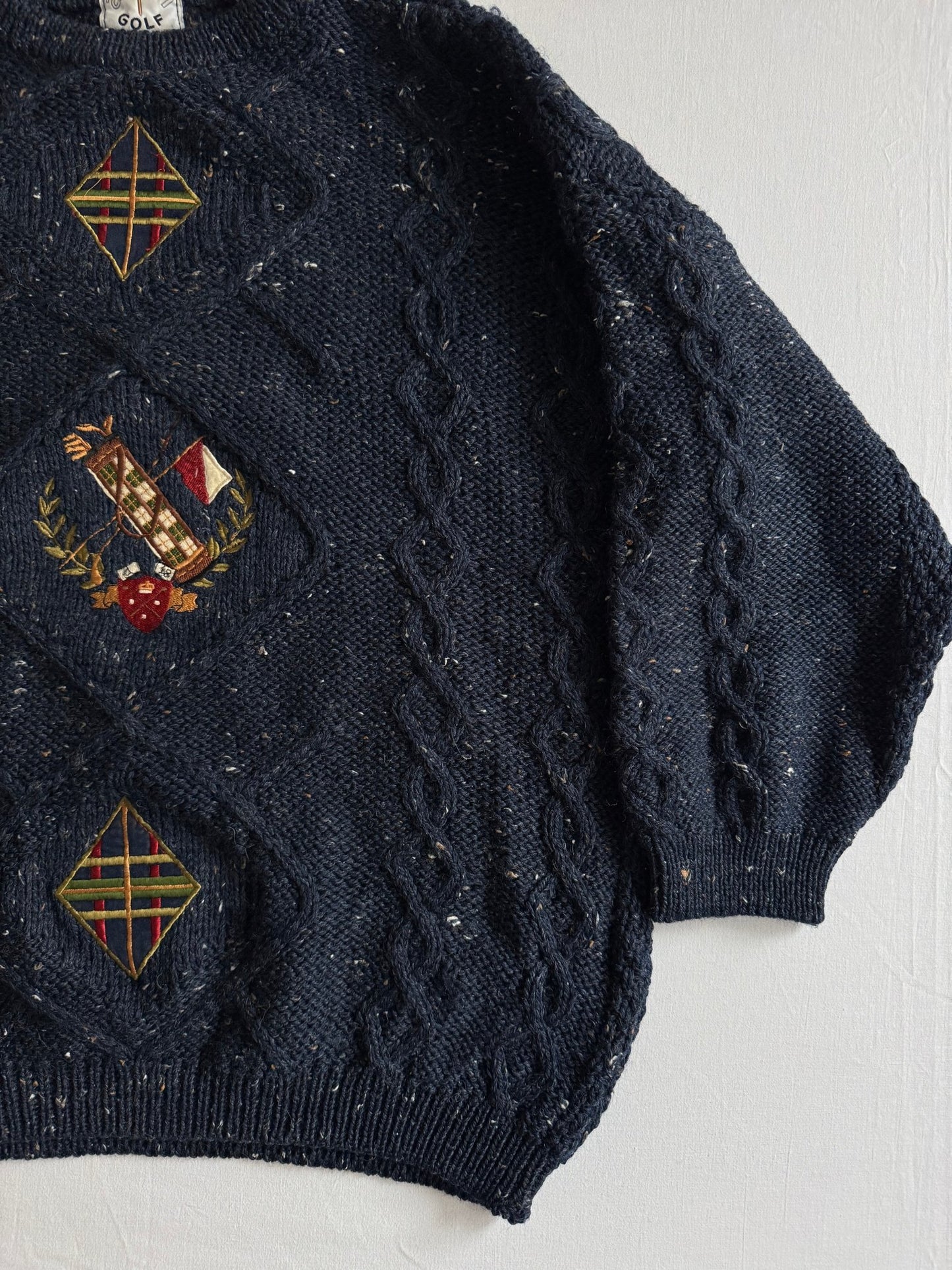 🧶 Pulover Vintage Bleumarin Cable Knit cu Broderie Golf – Mărime S (Boxy Fit) - anbracaminte