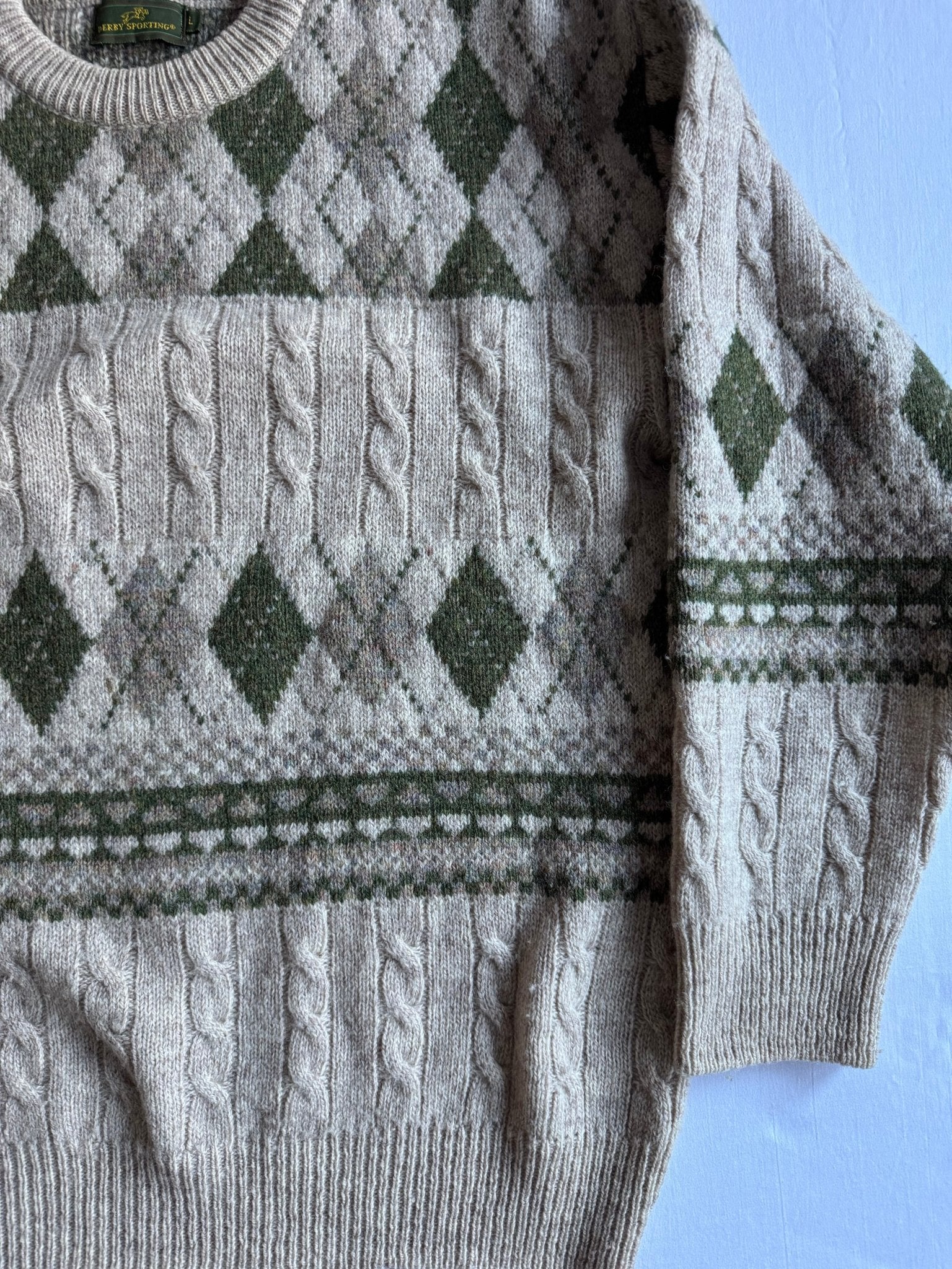 🧶 Pulover Vintage Cable Knit & Argyle Pattern (Mărime L) - anbracaminte