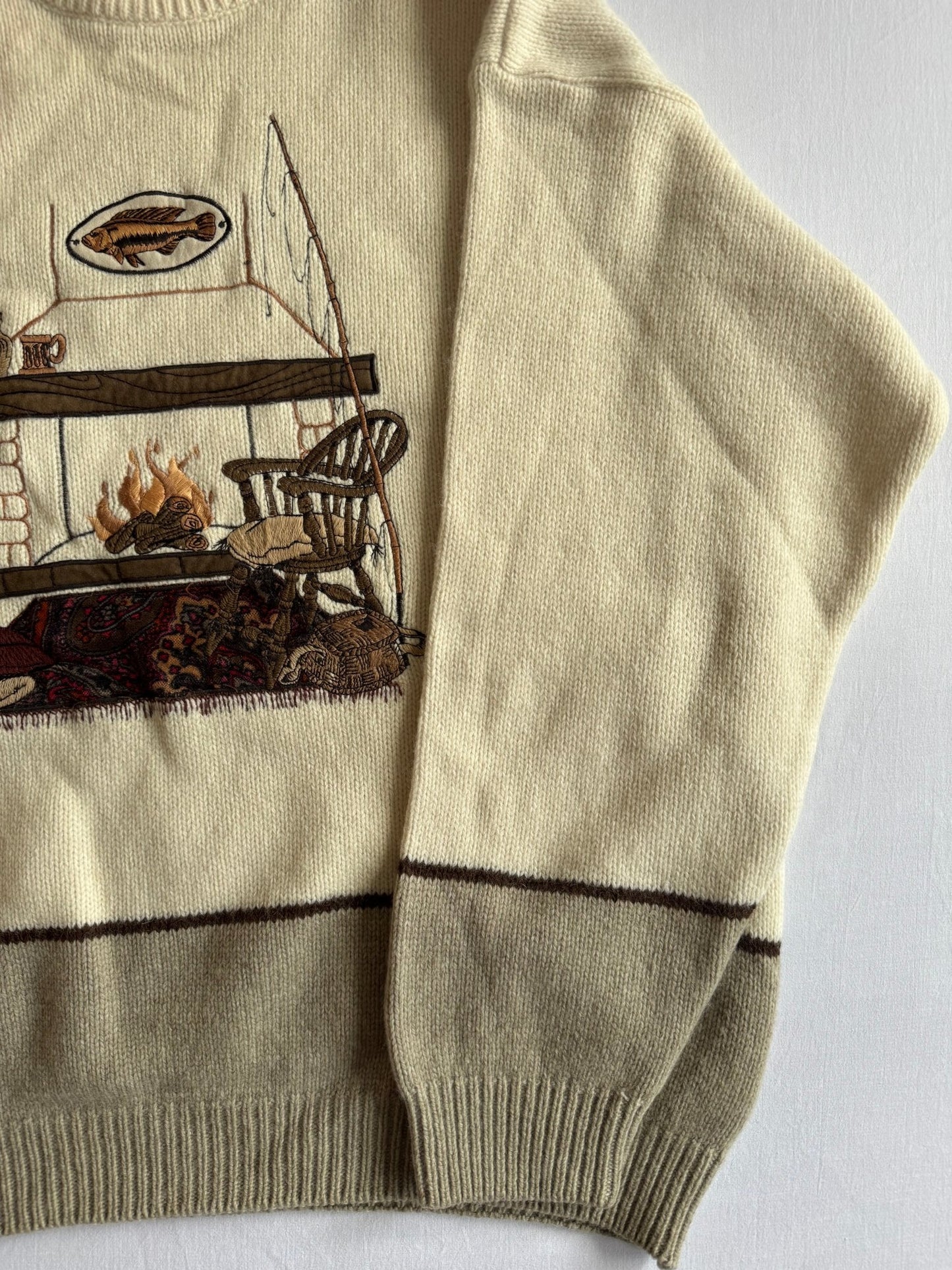 🔥 Pulover vintage crem cu broderie șemineu (mărimea L) - anbracaminte
