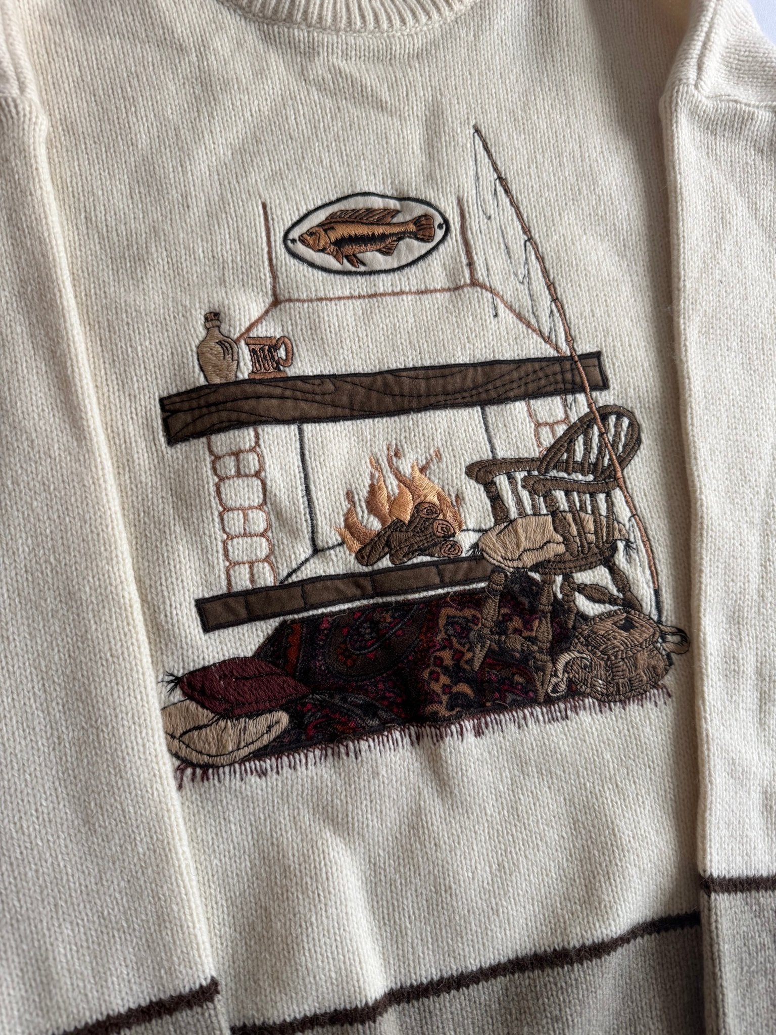 🔥 Pulover vintage crem cu broderie șemineu (mărimea L) - anbracaminte