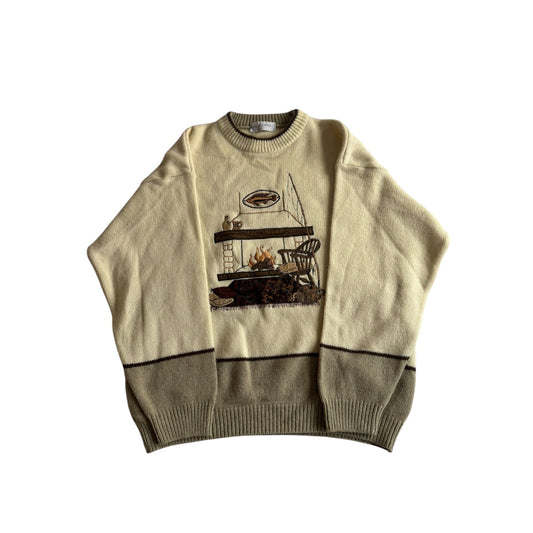 🔥 Pulover vintage crem cu broderie șemineu (mărimea L) - anbracaminte