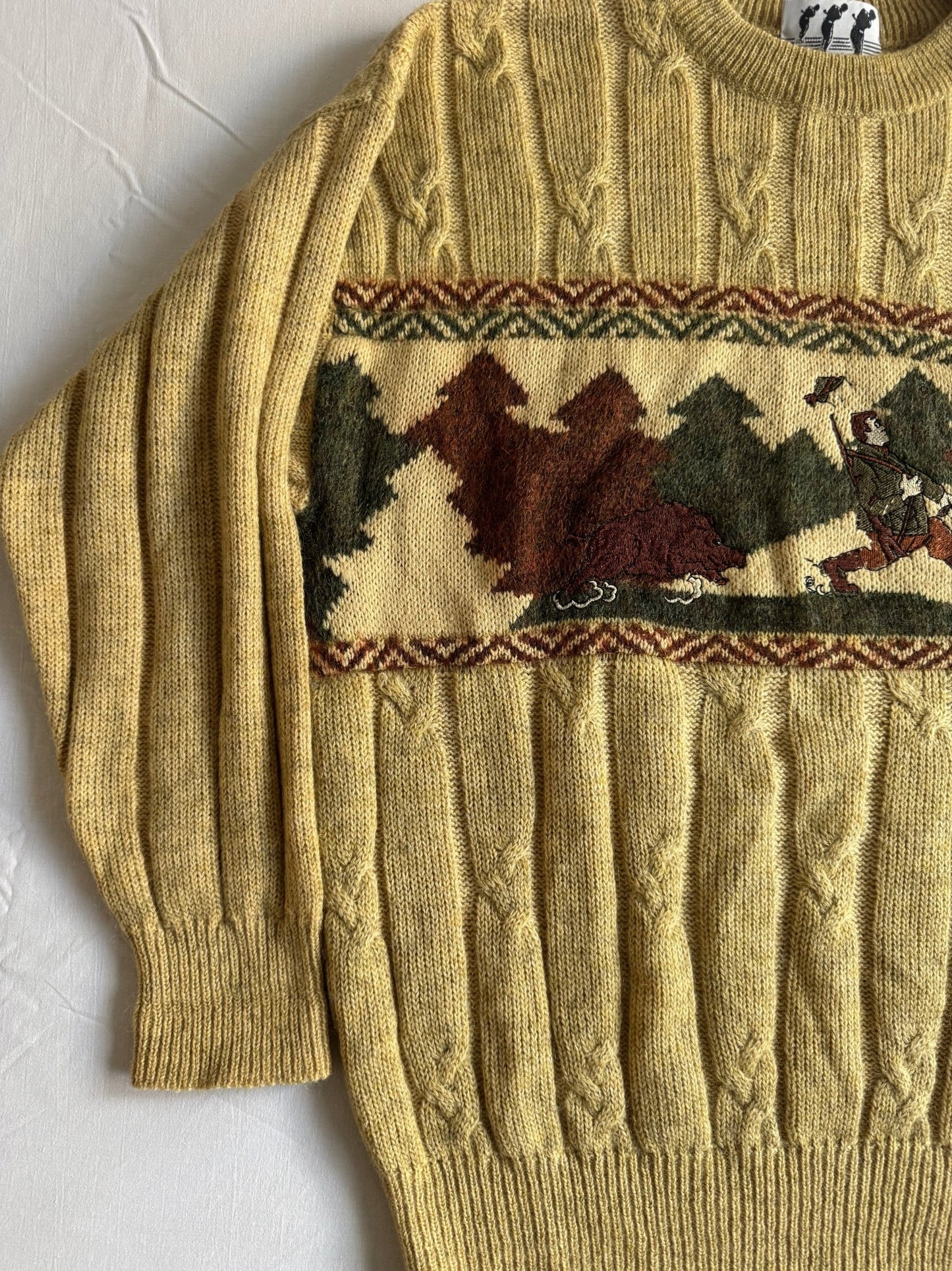🧶 Pulover vintage crem - gălbui cu broderie de vânătoare (mărime L) - anbracaminte