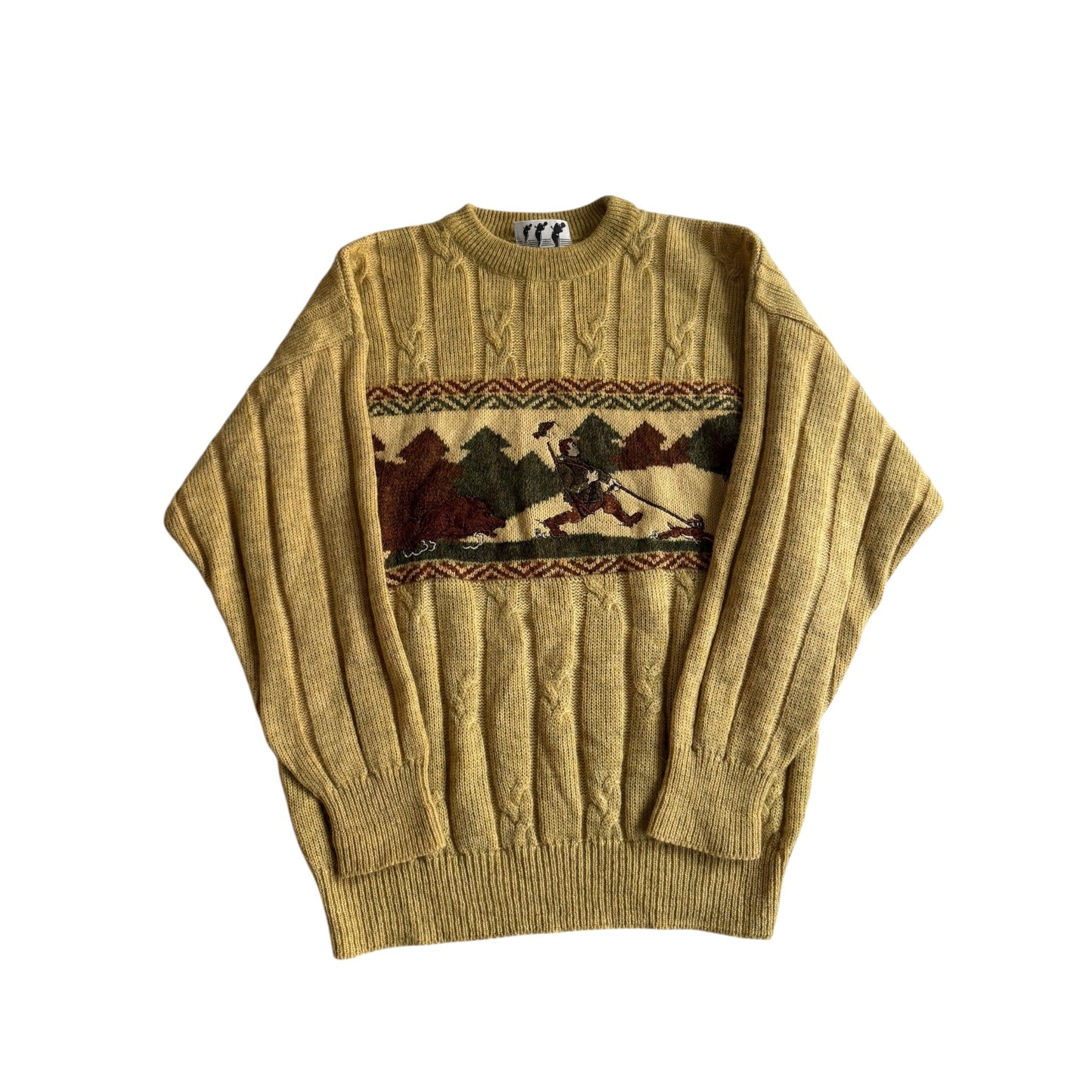 🧶 Pulover vintage crem - gălbui cu broderie de vânătoare (mărime L) - anbracaminte