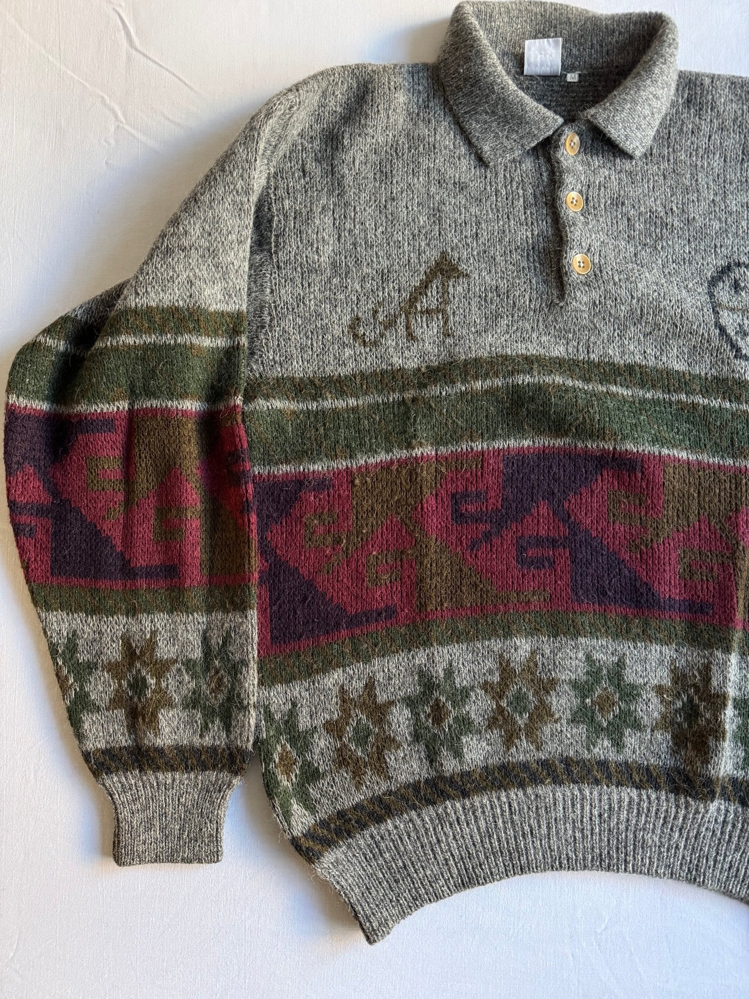 🧶 Pulover Vintage cu Guler și Model Abstract / Tricot Italian (Mărime M) - anbracaminte