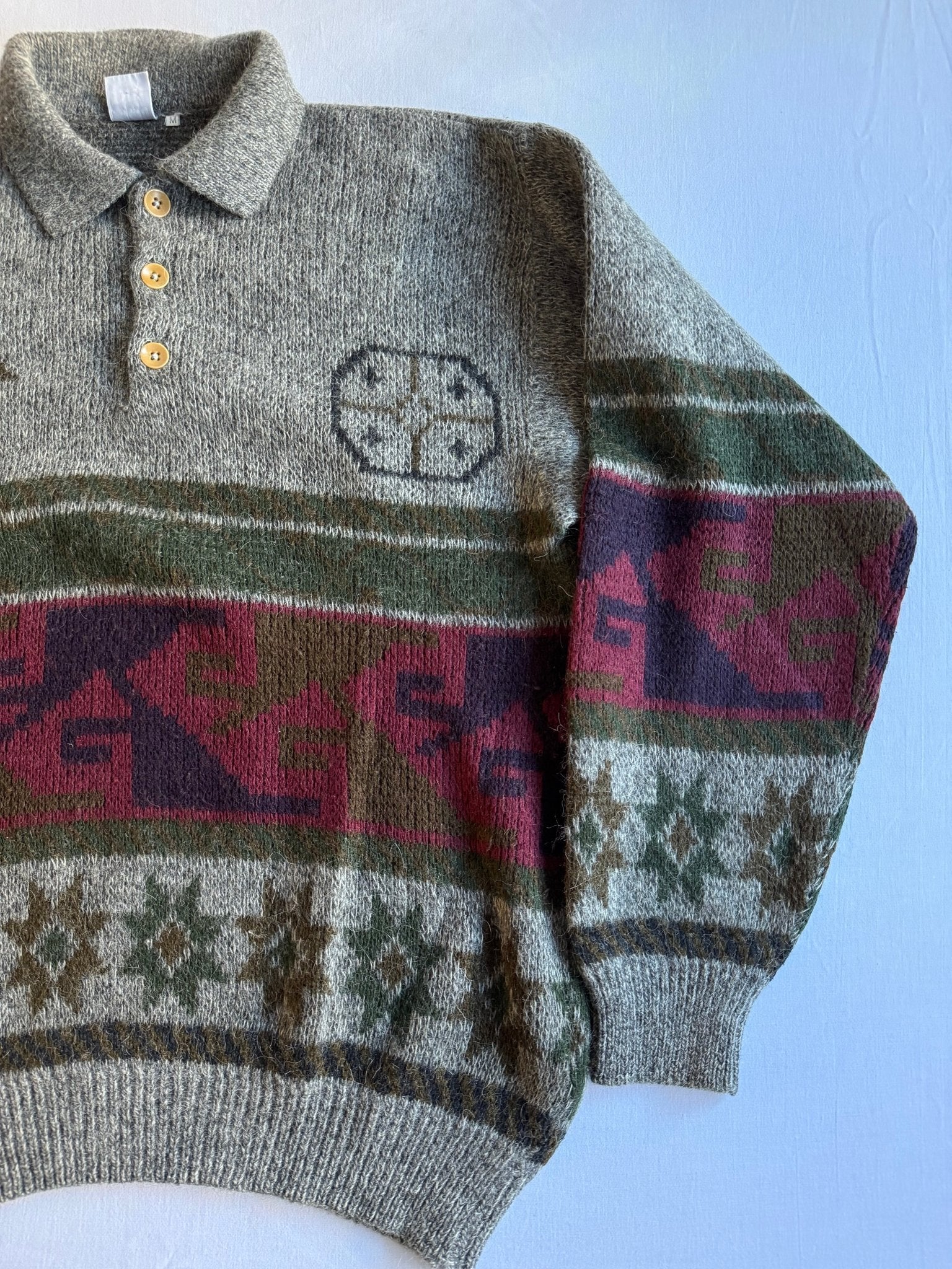 🧶 Pulover Vintage cu Guler și Model Abstract / Tricot Italian (Mărime M) - anbracaminte