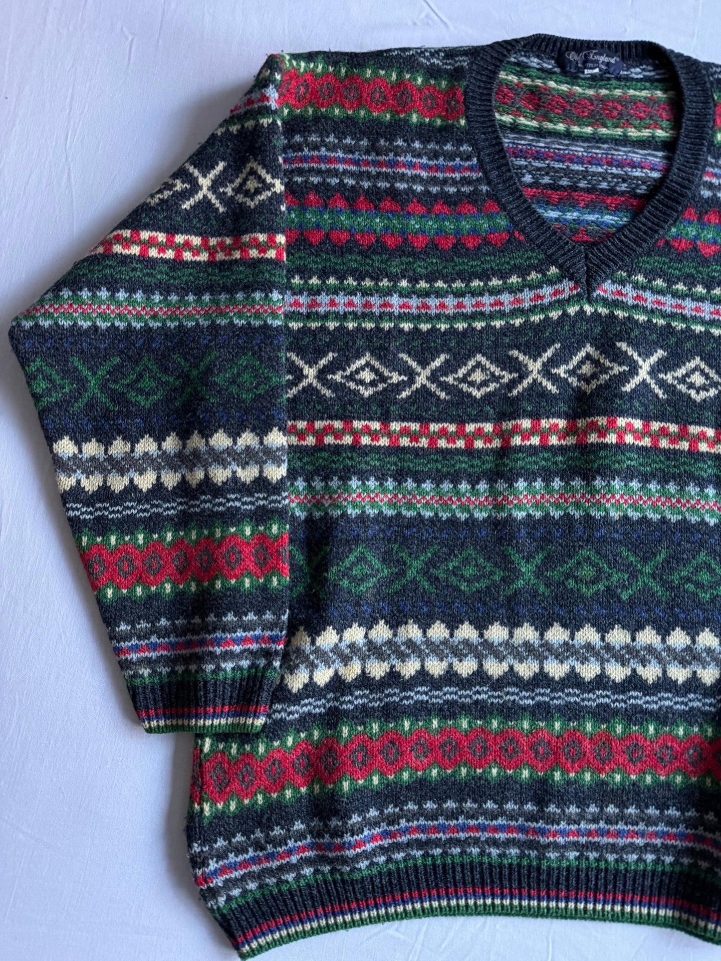🧶 Pulover Vintage cu Guler V / Pattern Ethnic (Mărime XL) - anbracaminte