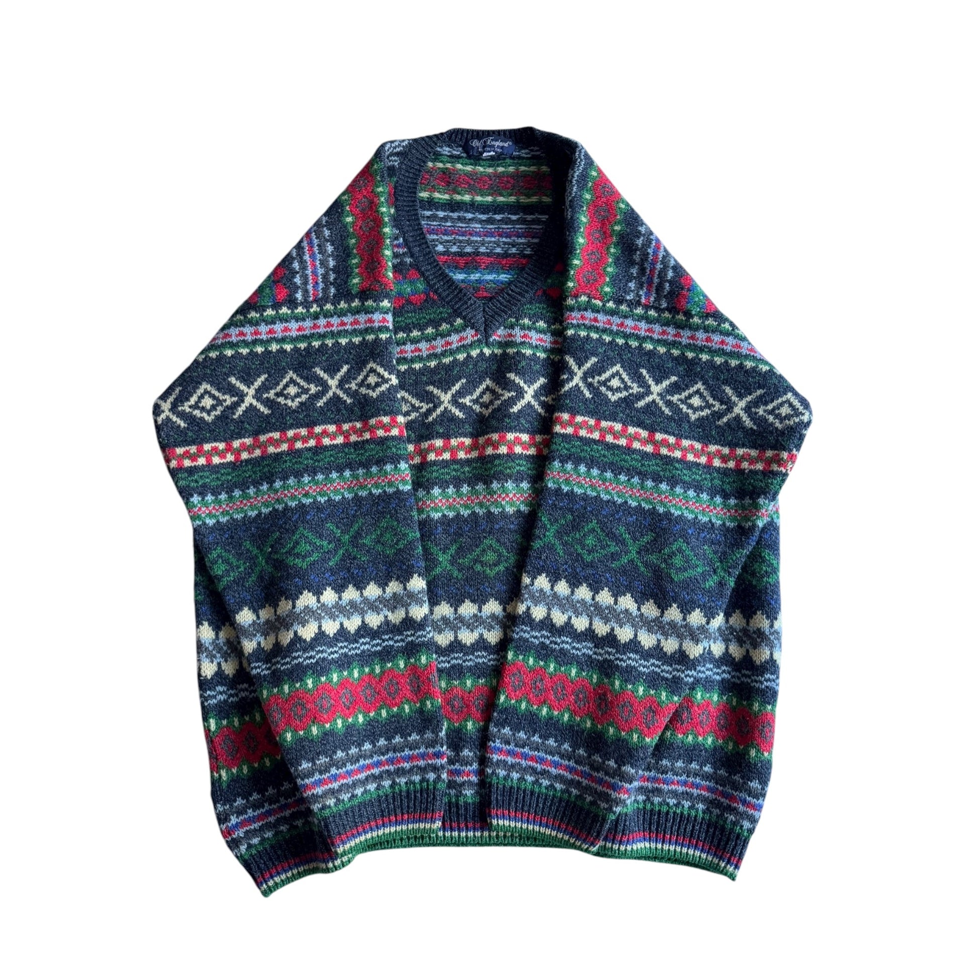 🧶 Pulover Vintage cu Guler V / Pattern Ethnic (Mărime XL) - anbracaminte