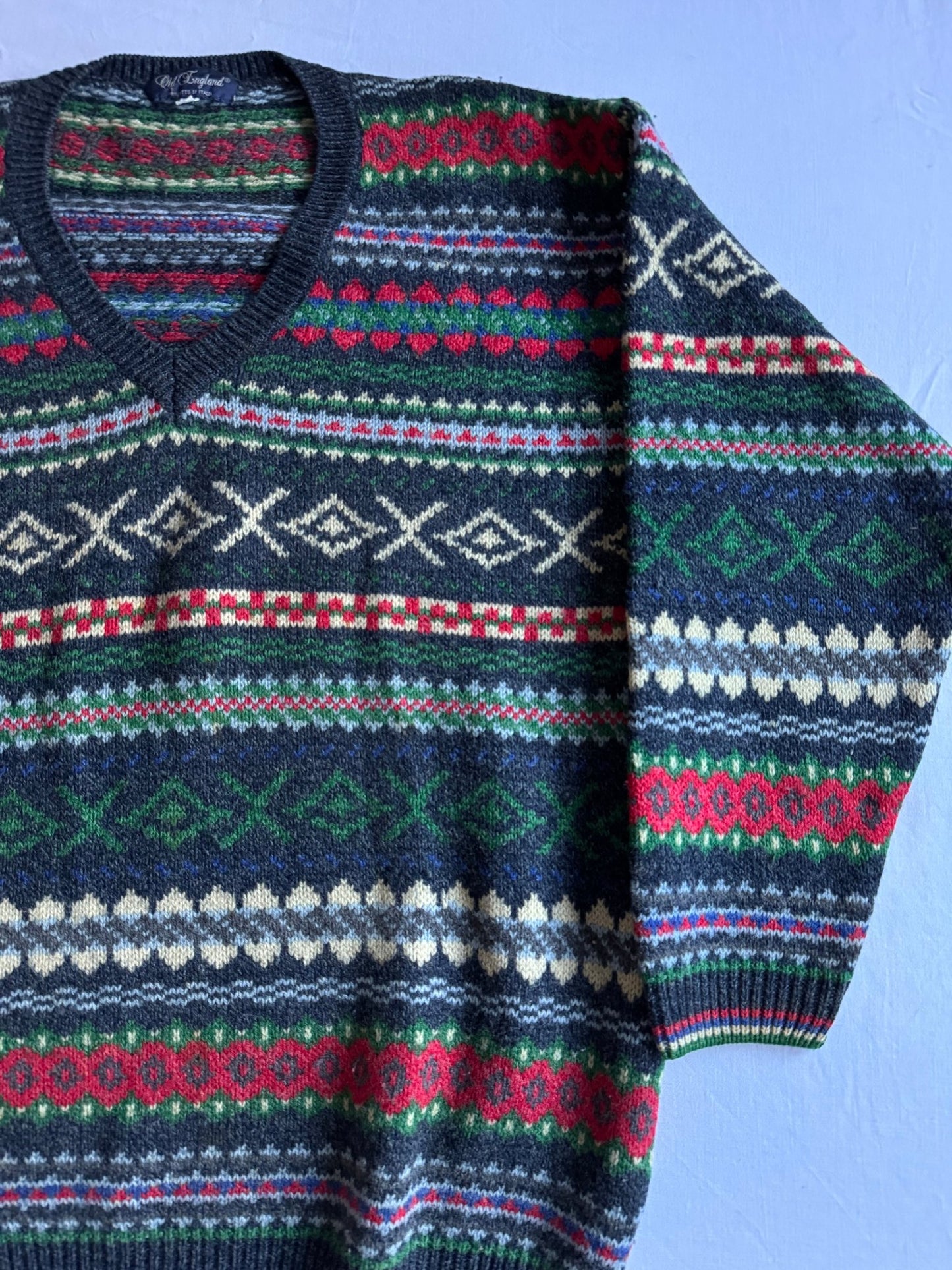 🧶 Pulover Vintage cu Guler V / Pattern Ethnic (Mărime XL) - anbracaminte