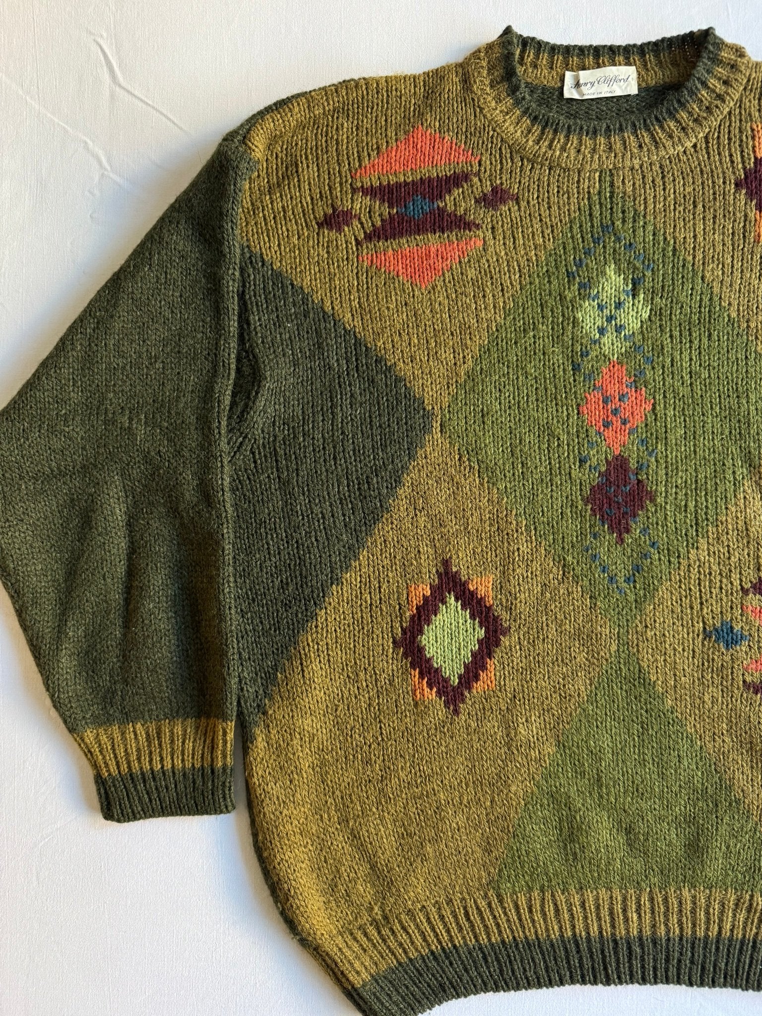 🧶 Pulover Vintage cu model Argyle Verde Închis / Tricot Italian (Mărime L) - anbracaminte