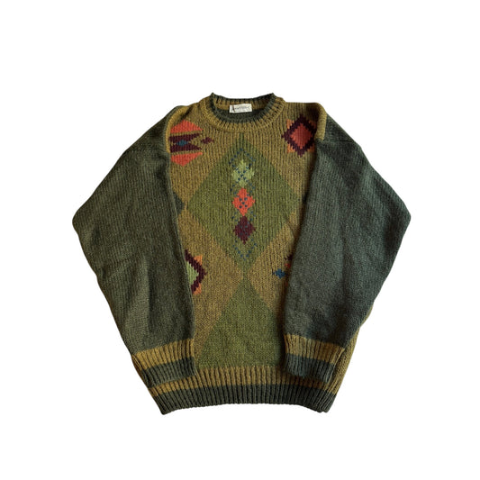 🧶 Pulover Vintage cu model Argyle Verde Închis / Tricot Italian (Mărime L) - anbracaminte