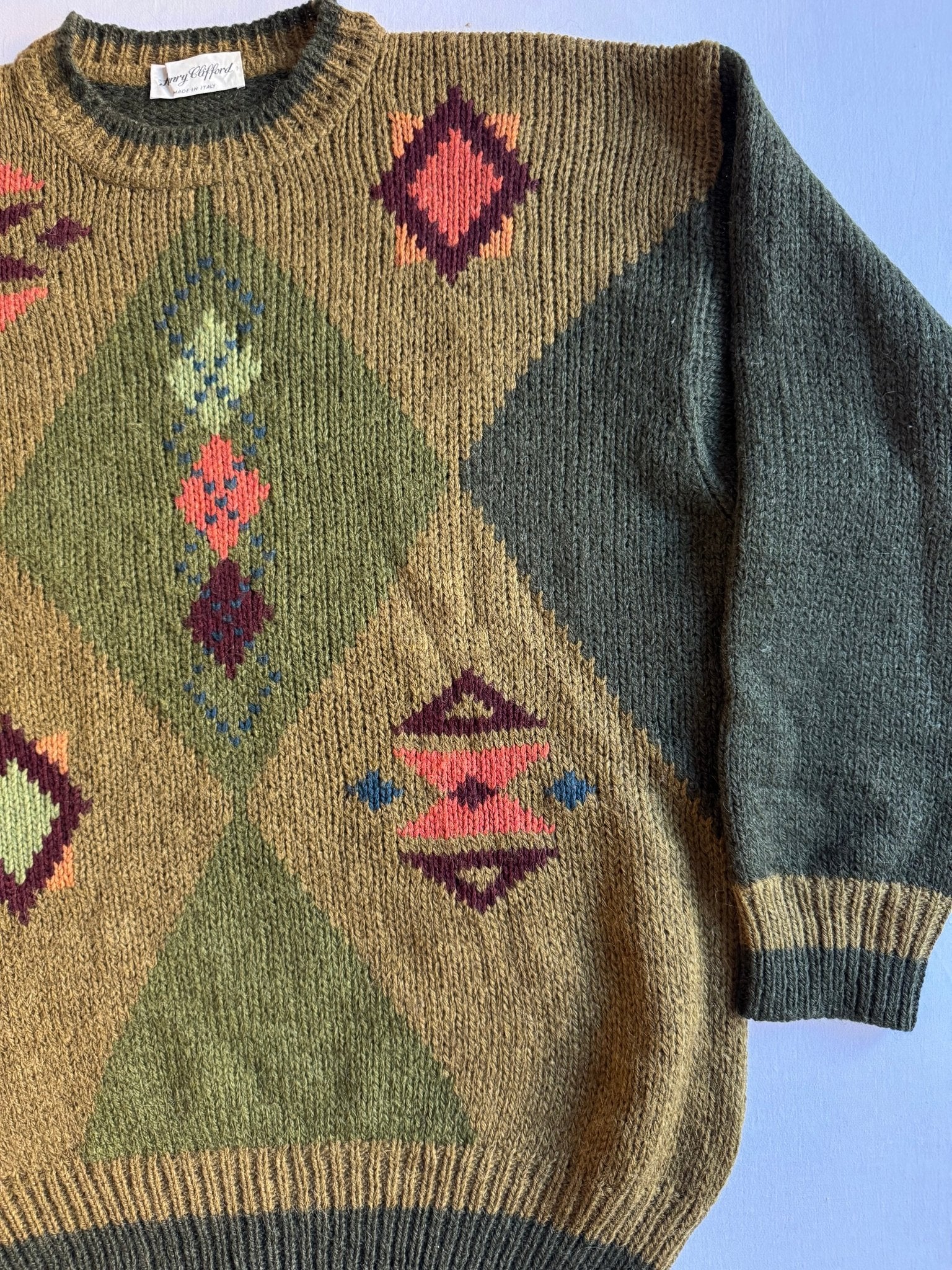 🧶 Pulover Vintage cu model Argyle Verde Închis / Tricot Italian (Mărime L) - anbracaminte