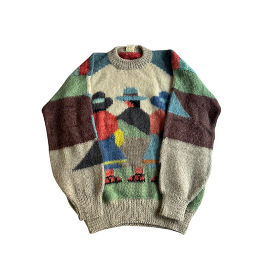 🧶 Pulover Vintage cu Model Colorat și Trei Siluete / Lână 100% (Mărime M) - anbracaminte