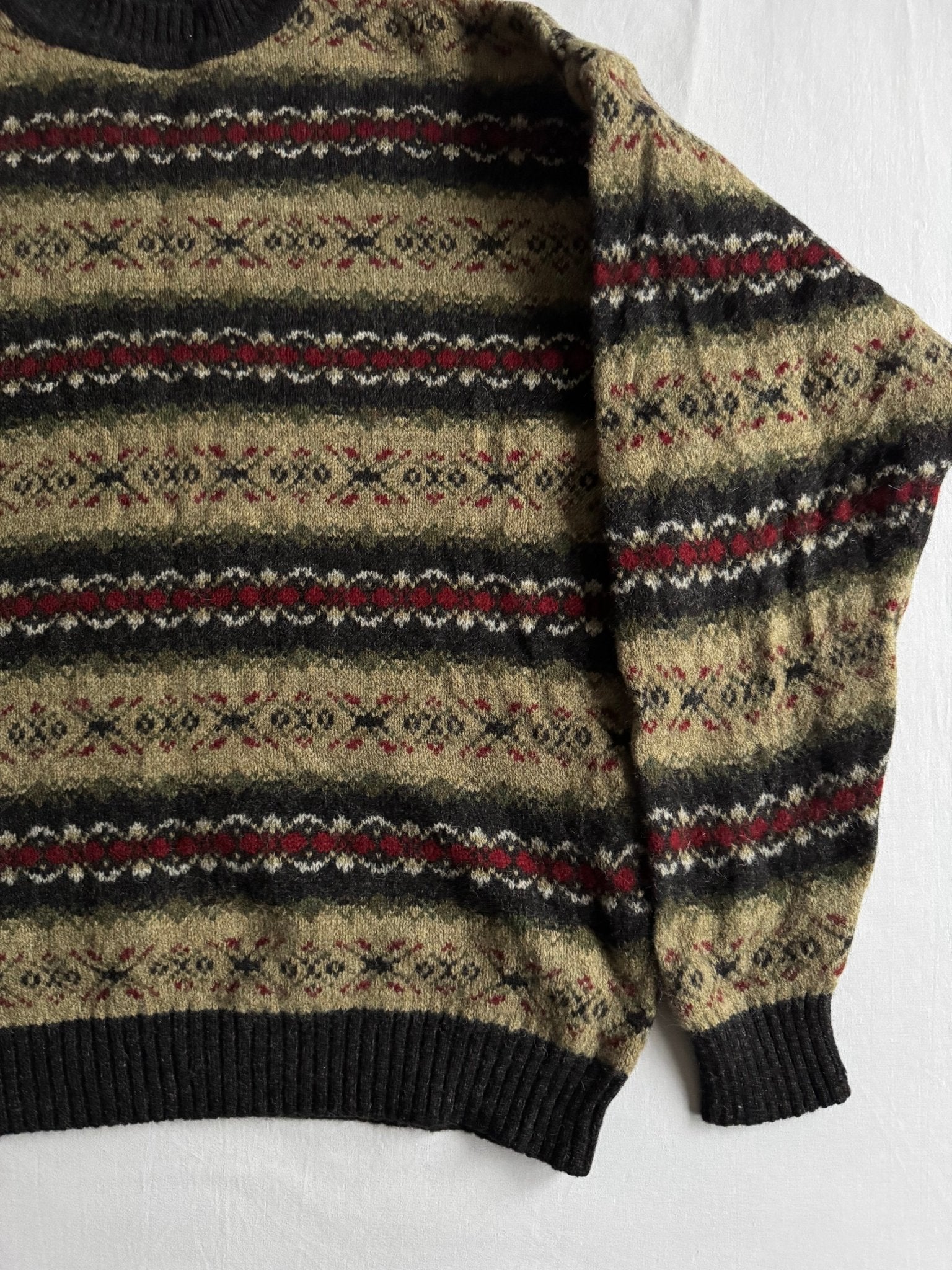 🧶 Pulover Vintage cu Model Etnic din Lână Virgină cu Guler Mock – L - anbracaminte