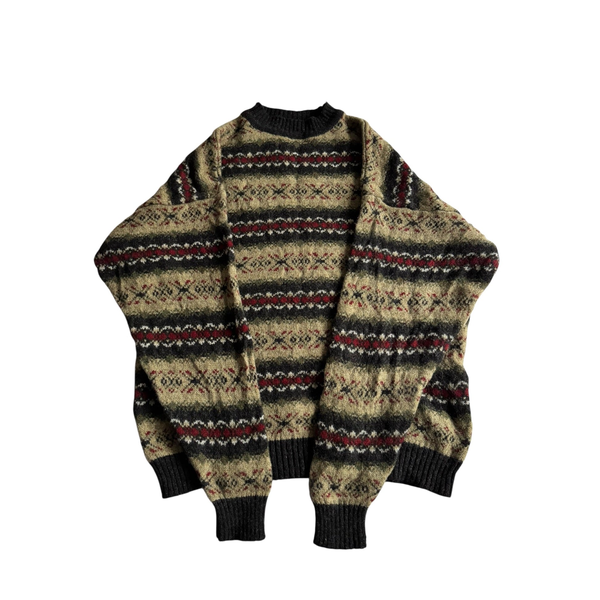 🧶 Pulover Vintage cu Model Etnic din Lână Virgină cu Guler Mock – L - anbracaminte