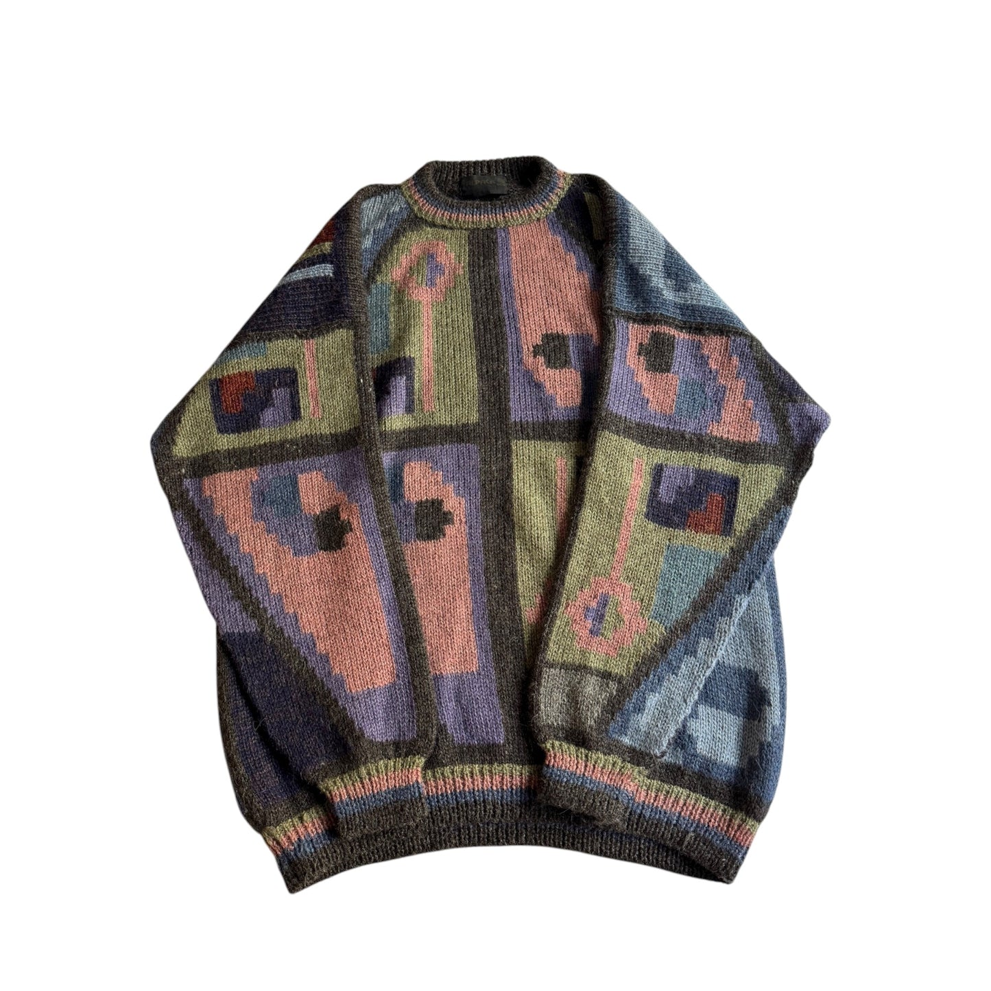 🦙 Pulover Vintage cu Model Geometric / 100% Alpaca (Mărime L) - anbracaminte