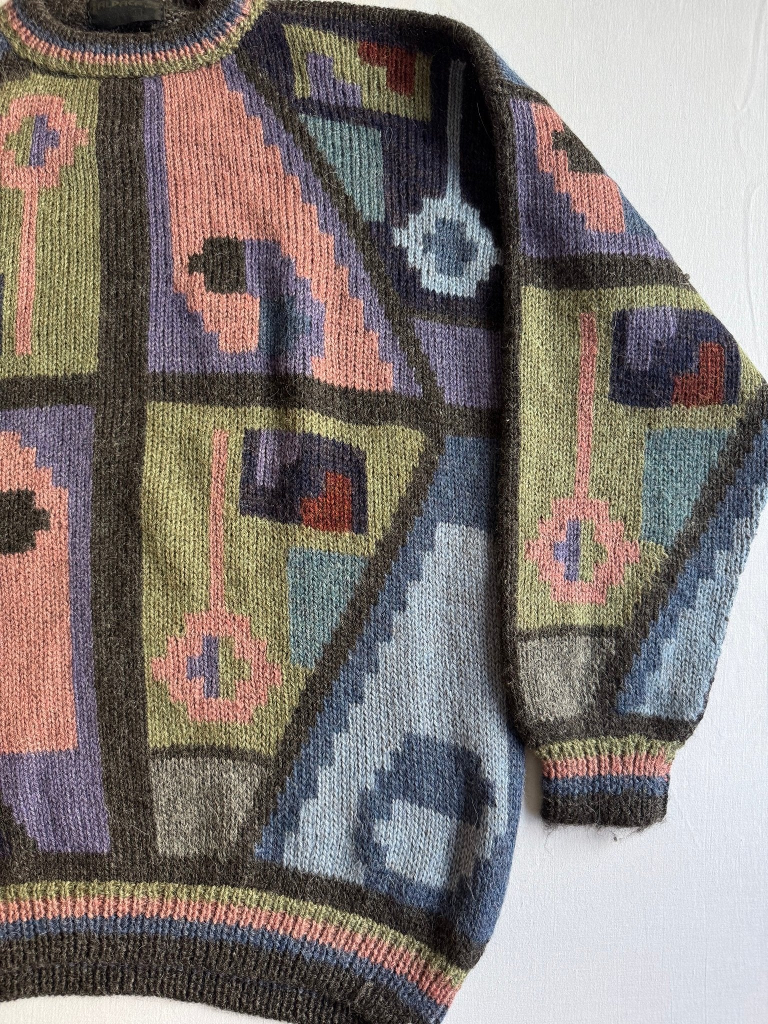 🦙 Pulover Vintage cu Model Geometric / 100% Alpaca (Mărime L) - anbracaminte