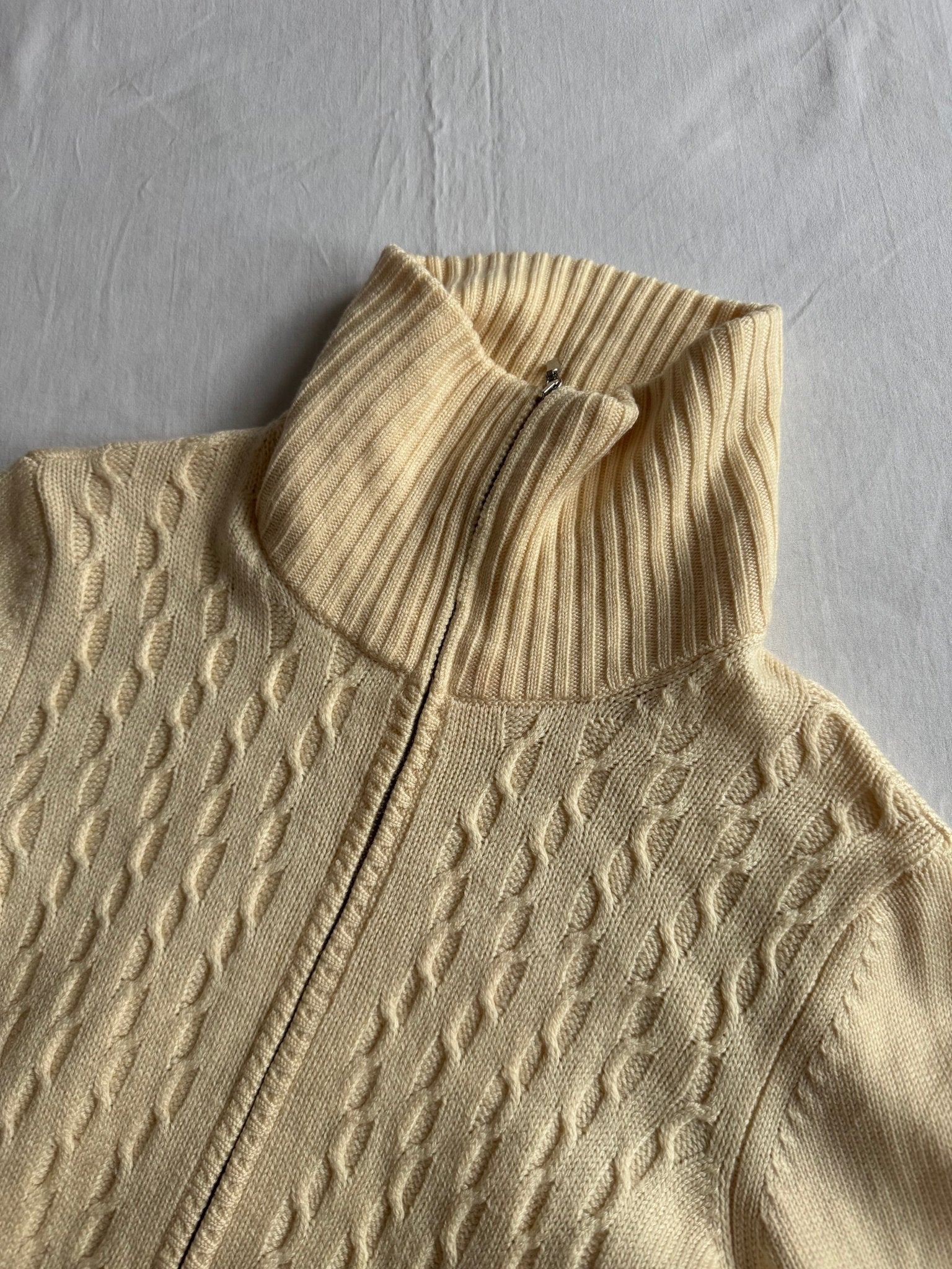 🐑 Pulover Vintage Damă Alb Natural din Lână Merino Extra Fine cu Fermoar Full Zip – M - anbracaminte