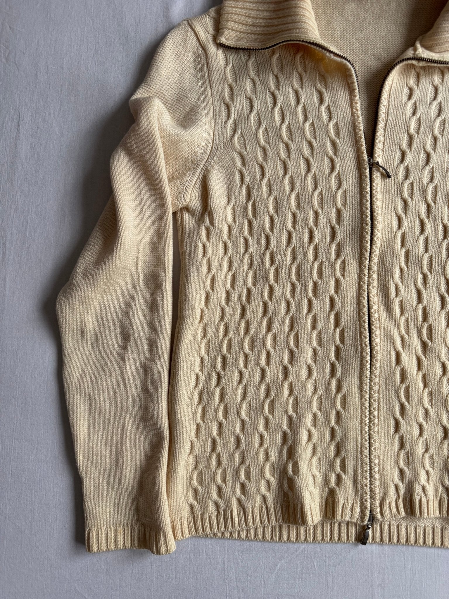 🐑 Pulover Vintage Damă Alb Natural din Lână Merino Extra Fine cu Fermoar Full Zip – M - anbracaminte