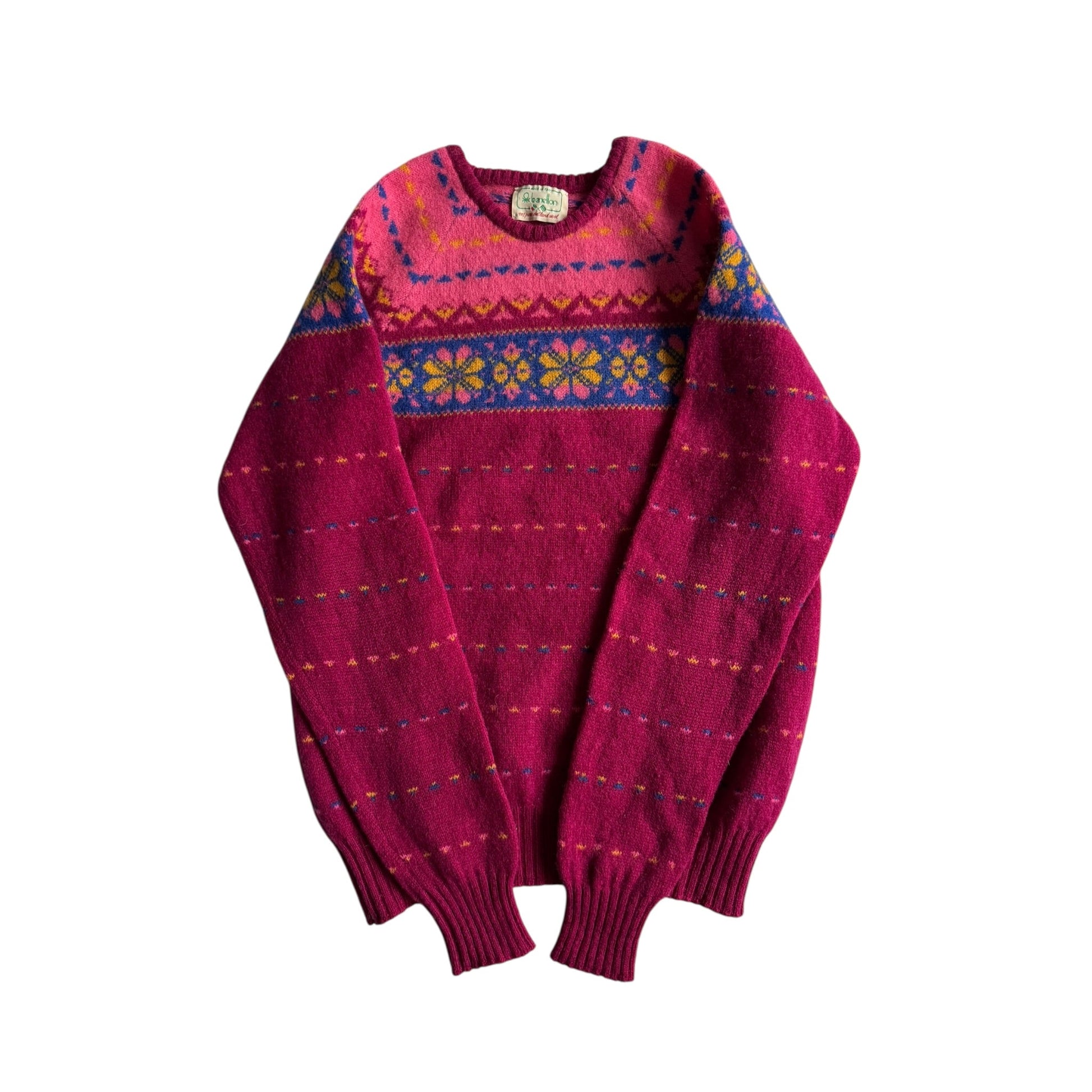 🧶 Pulover Vintage Damă Benetton Fuchsia din Lână Shetland cu Model Etnic – L - anbracaminte