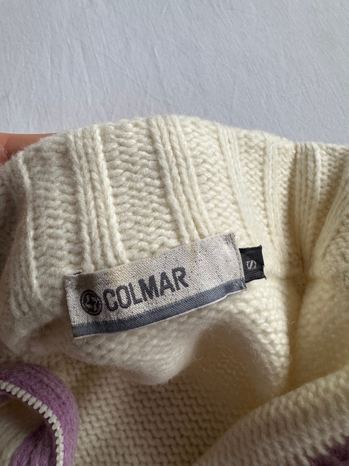 🧶 Pulover Vintage Damă Colmar Alb cu Fermoar și Model Etnic – S - anbracaminte
