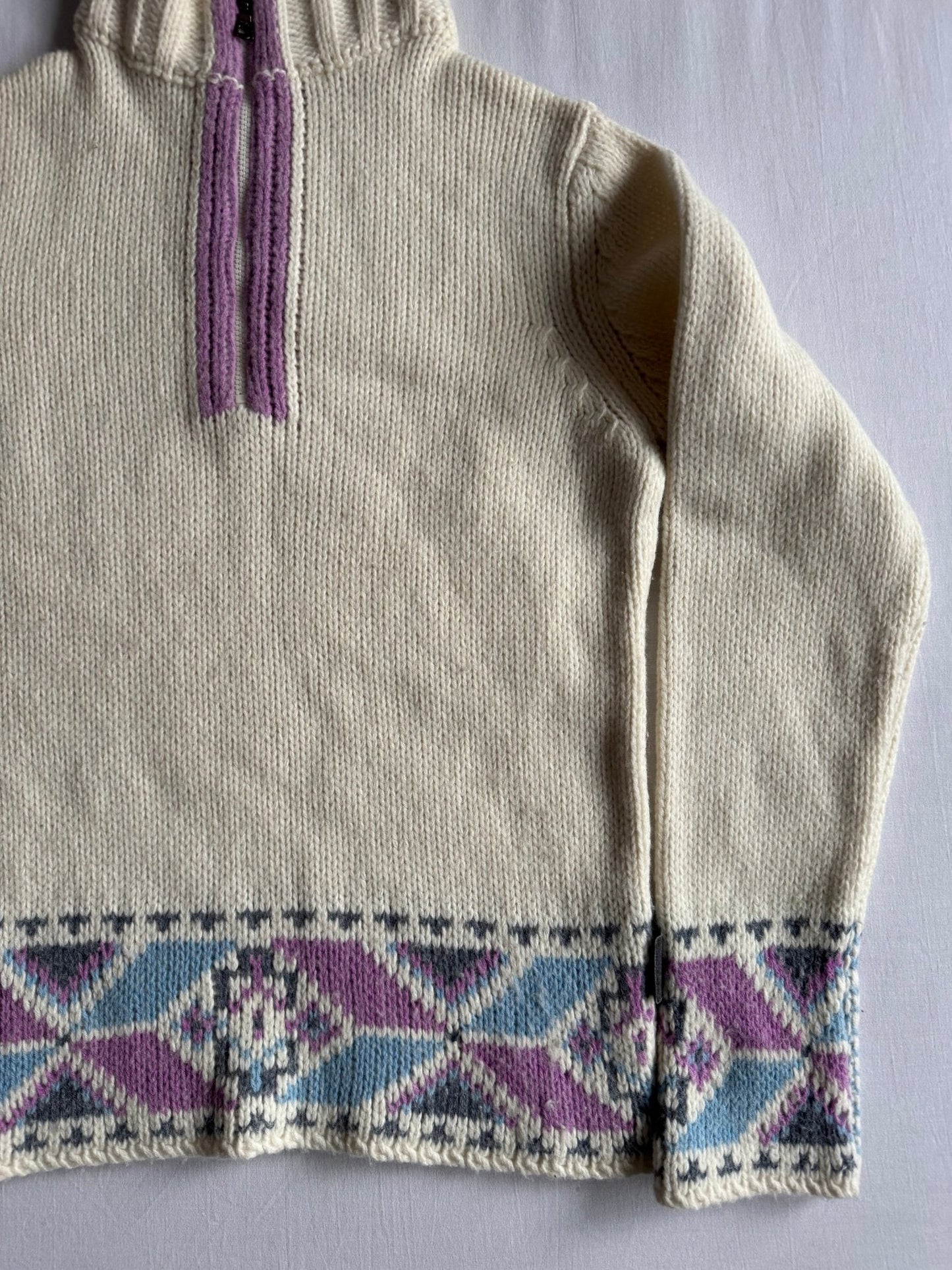 🧶 Pulover Vintage Damă Colmar Alb cu Fermoar și Model Etnic – S - anbracaminte