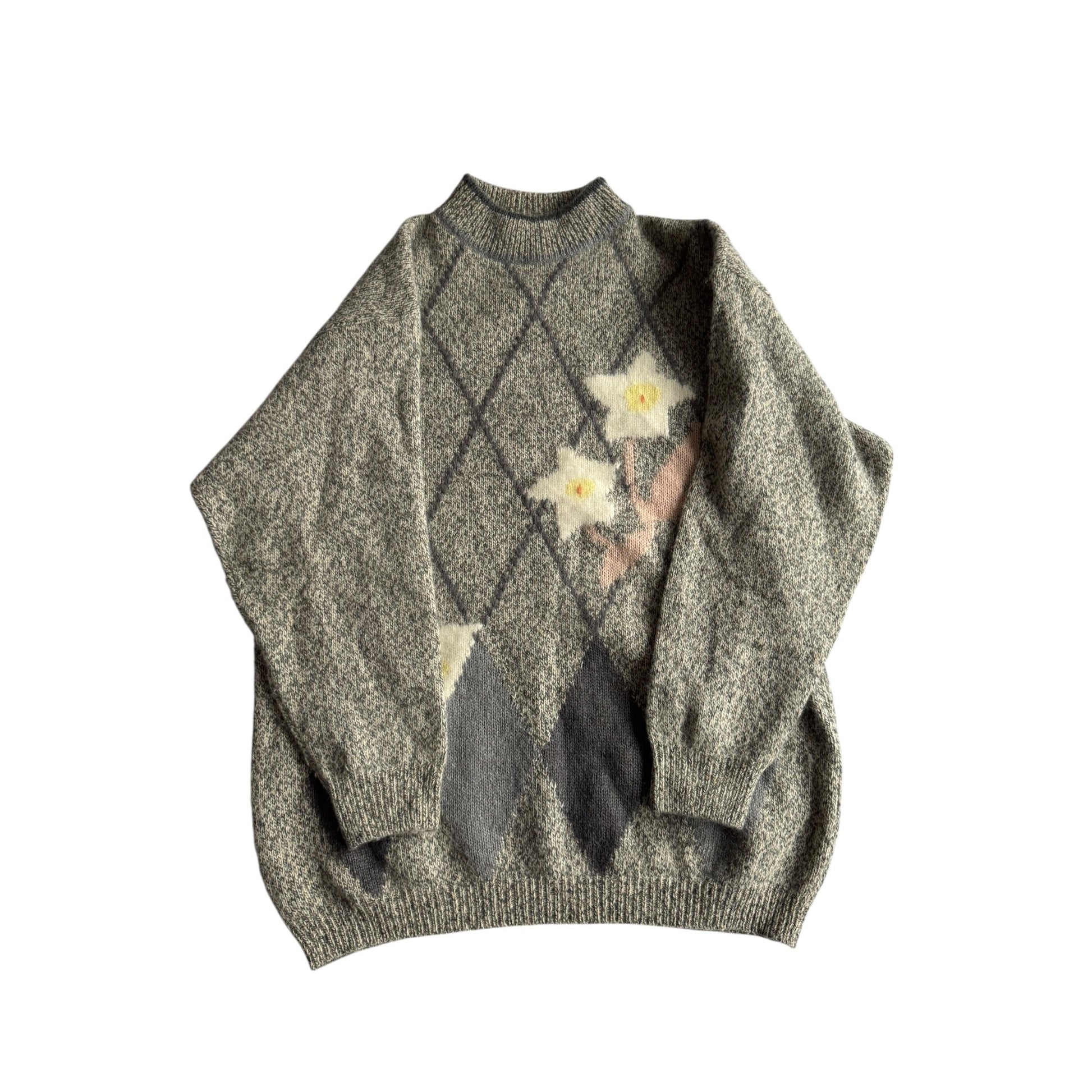 🧶 Pulover Vintage Damă Gri din Lambswool și Angora cu Model Argyle și Floral – M / L - anbracaminte