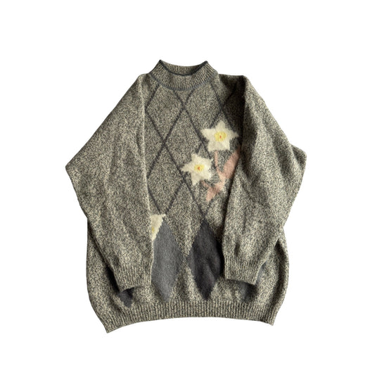 🧶 Pulover Vintage Damă Gri din Lambswool și Angora cu Model Argyle și Floral – M / L - anbracaminte