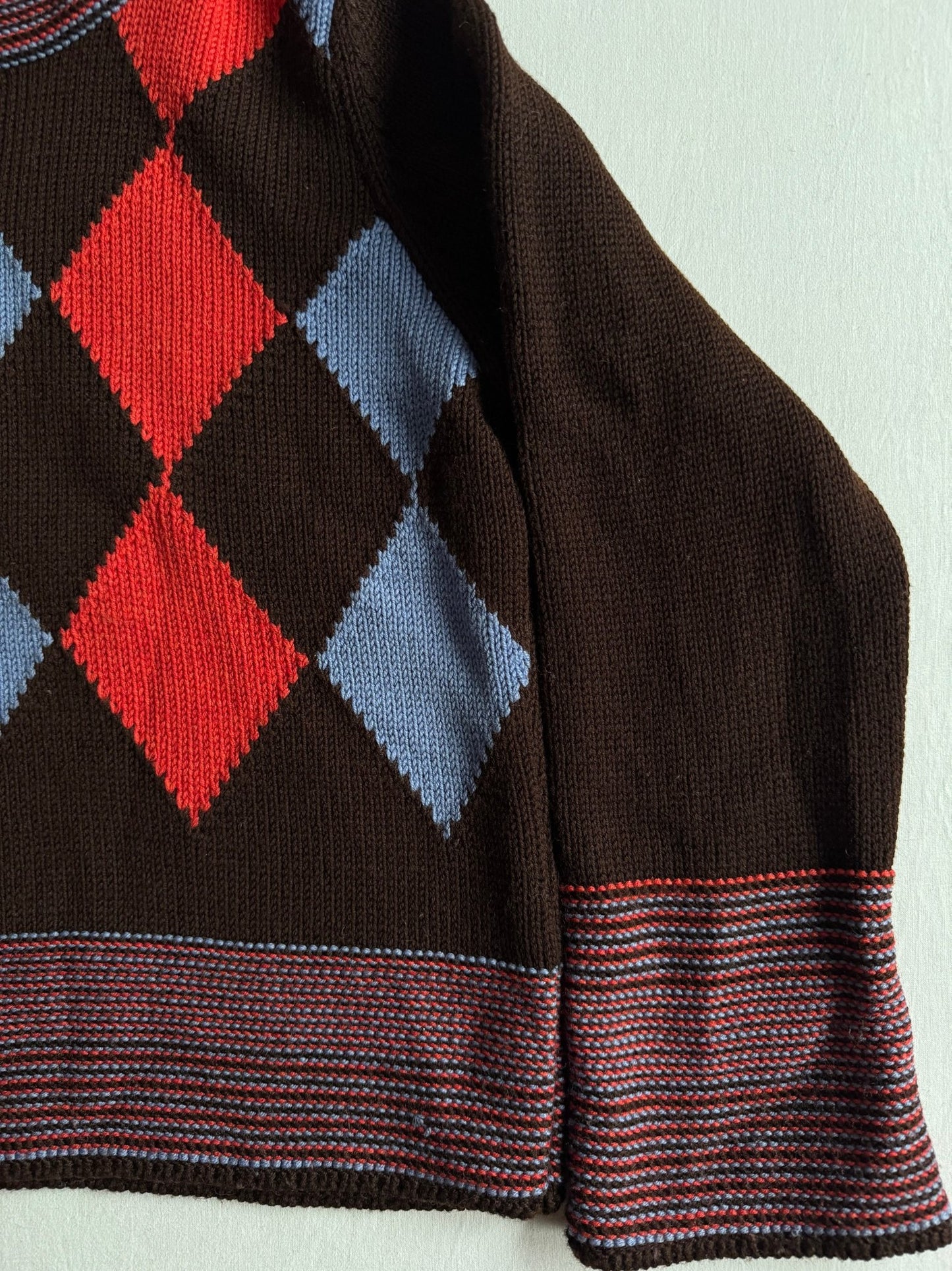 🧶 Pulover Vintage Damă Maro Închis din Lână Merino cu Model Argyle – S - anbracaminte