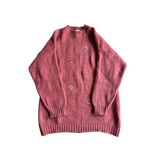 🧶 Pulover Vintage Damă Stefanel Roz cu Broderie Florală – L - anbracaminte