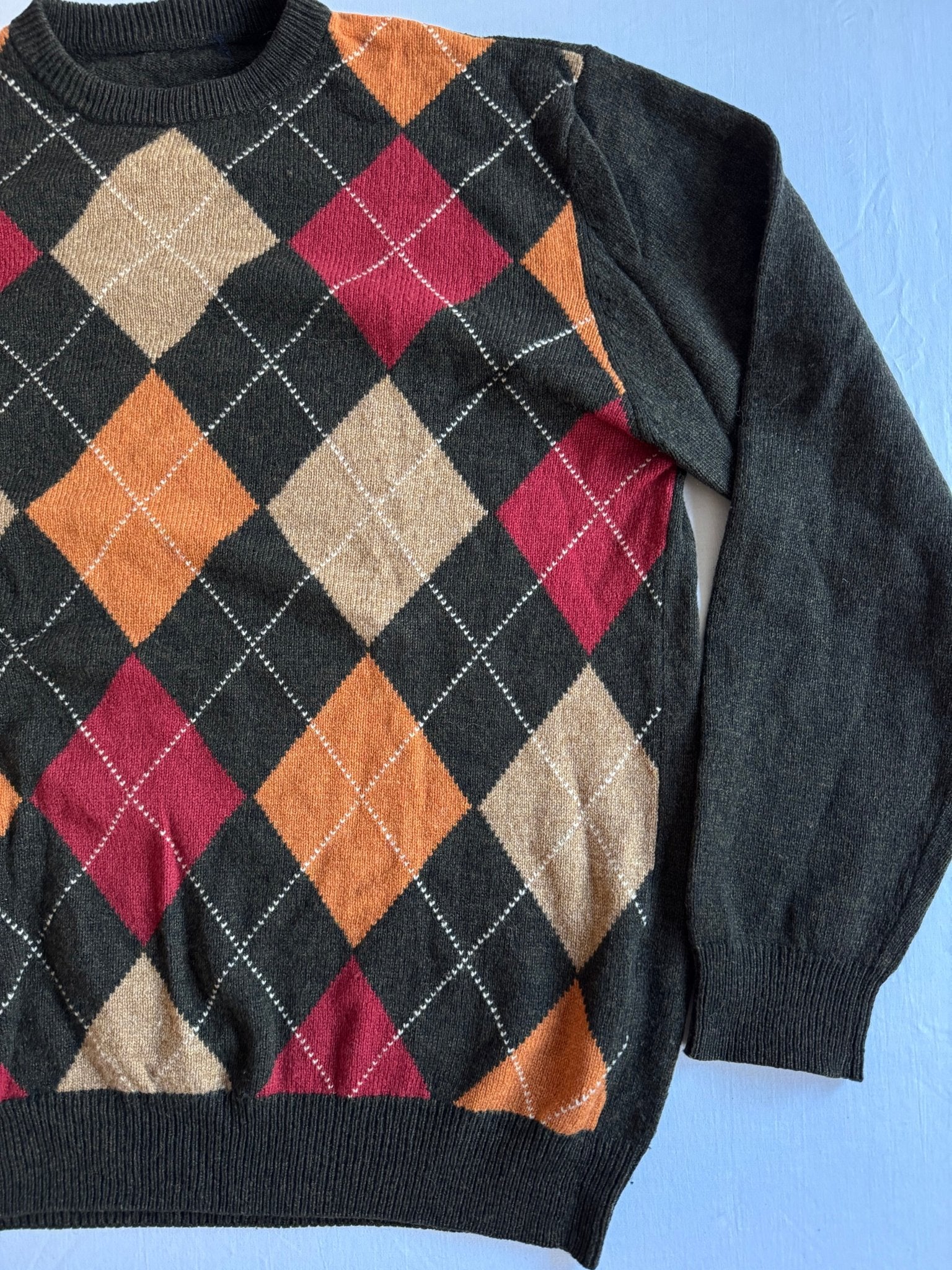 🧶 Pulover Vintage Dark Green din Lână, cu Model Argyle (Mărime L) - anbracaminte