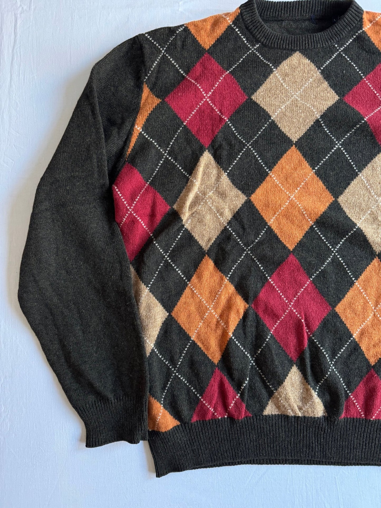 🧶 Pulover Vintage Dark Green din Lână, cu Model Argyle (Mărime L) - anbracaminte