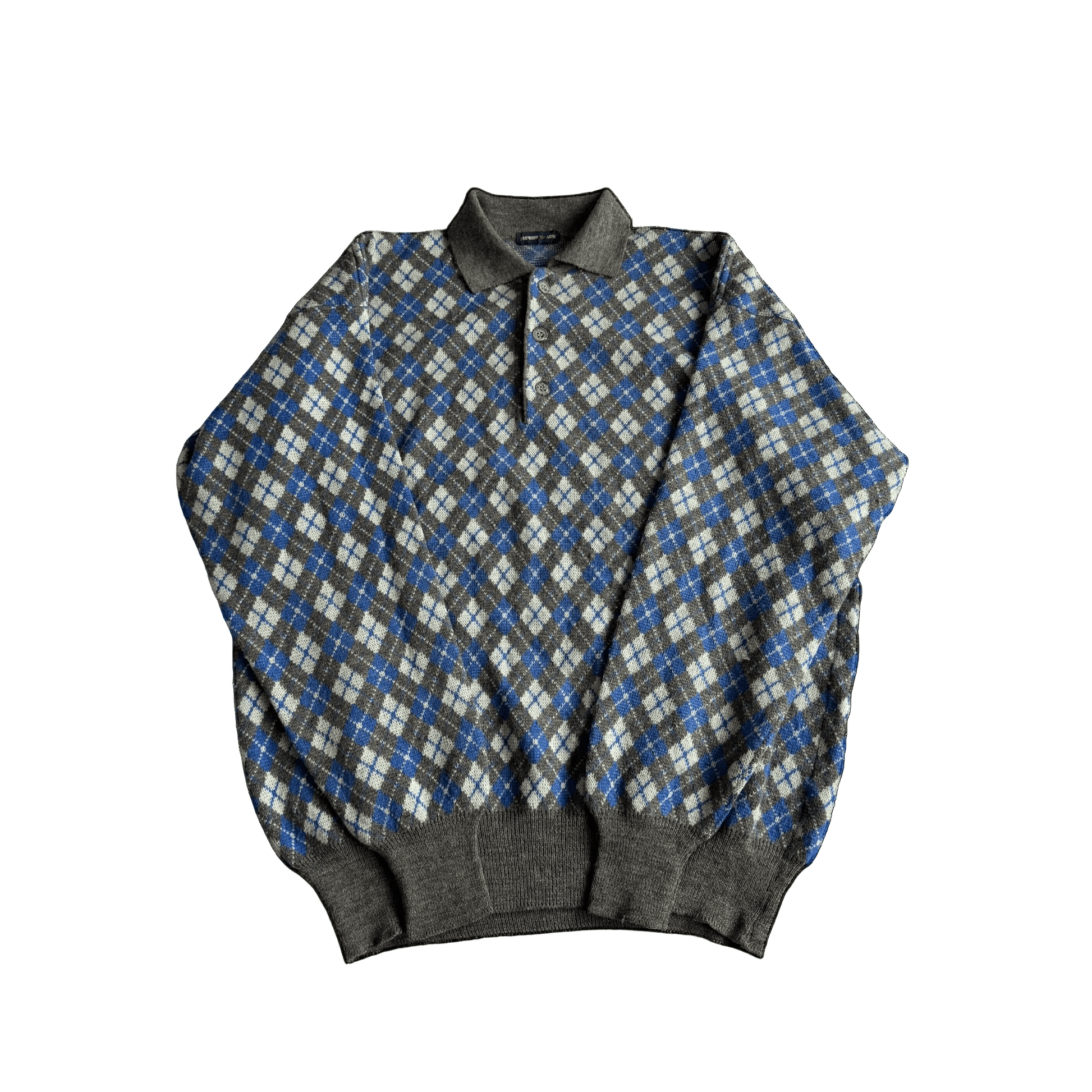 🧶 Pulover Vintage Emporio Armani Anii ’80 – Argyle cu Guler Polo – 52 (L) - anbracaminte