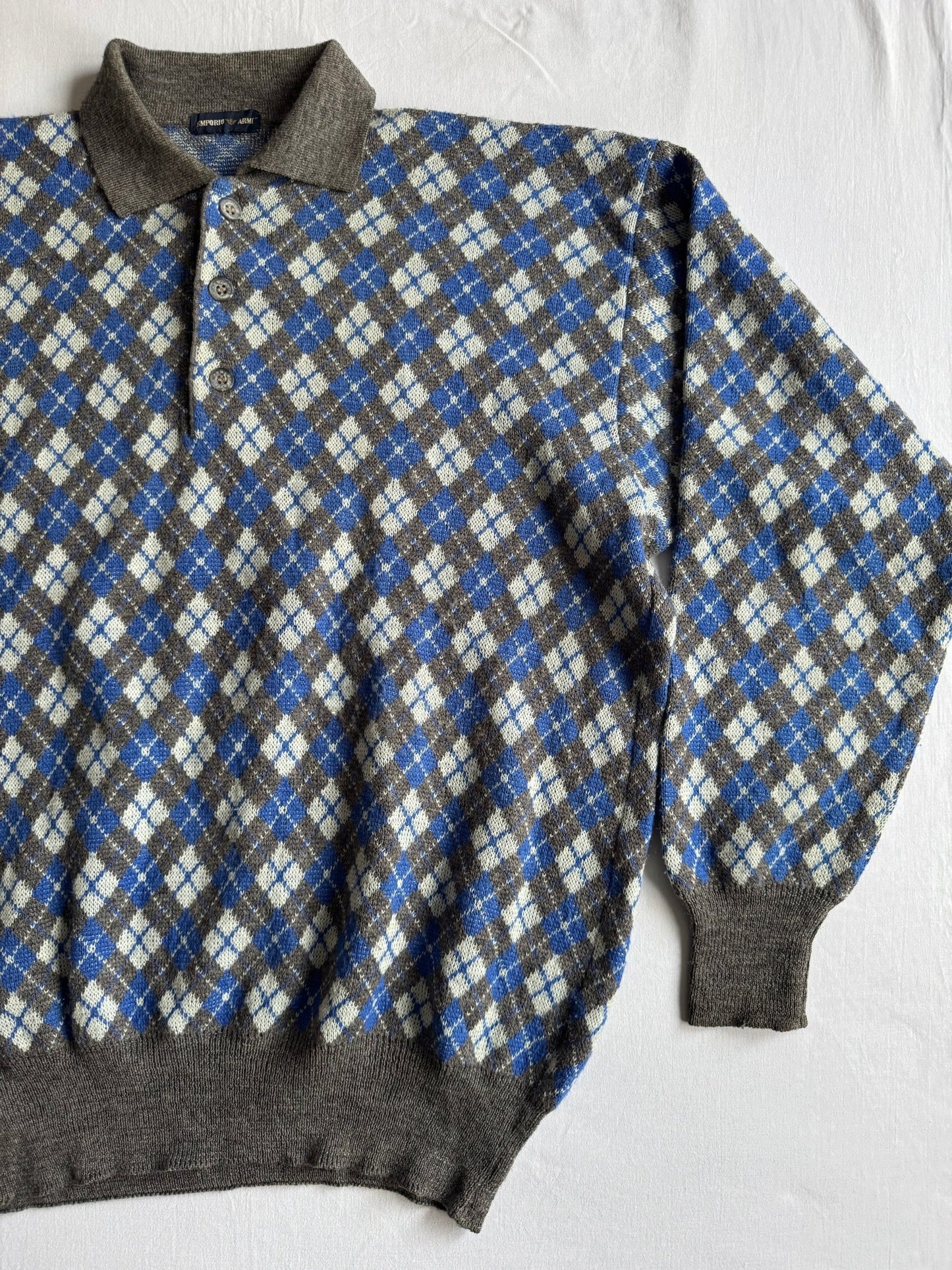 🧶 Pulover Vintage Emporio Armani Anii ’80 – Argyle cu Guler Polo – 52 (L) - anbracaminte