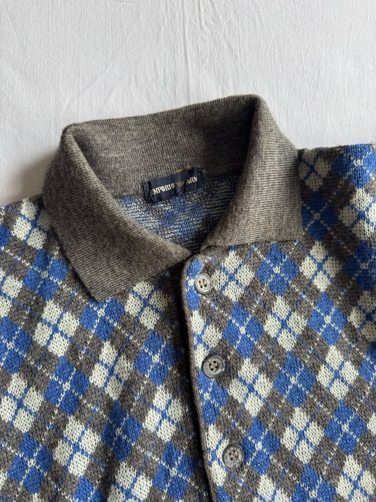 🧶 Pulover Vintage Emporio Armani Anii ’80 – Argyle cu Guler Polo – 52 (L) - anbracaminte