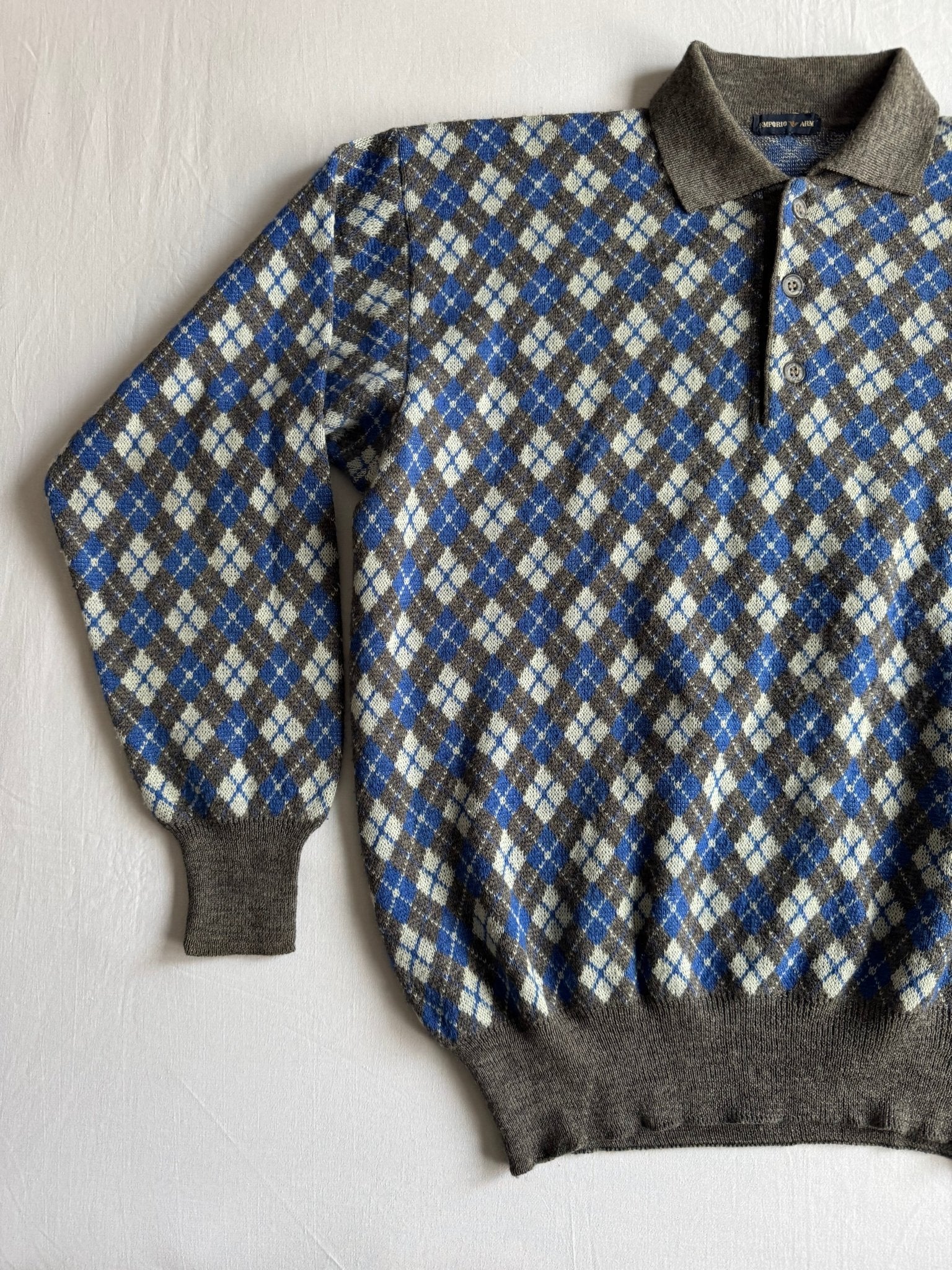 🧶 Pulover Vintage Emporio Armani Anii ’80 – Argyle cu Guler Polo – 52 (L) - anbracaminte